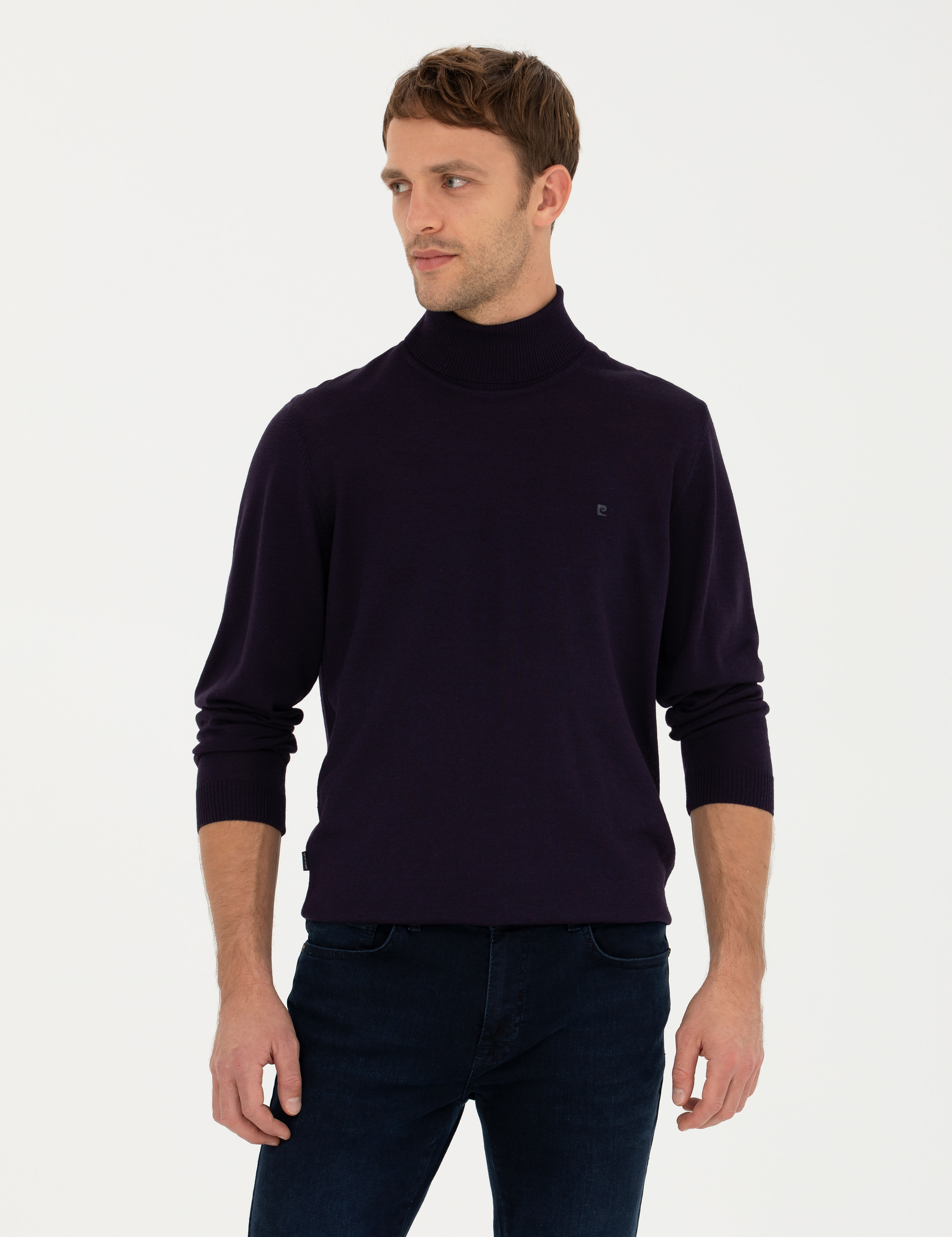Mor Slim Fit Balıkçı Yaka Yün Karışımlı Basic Triko Kazak