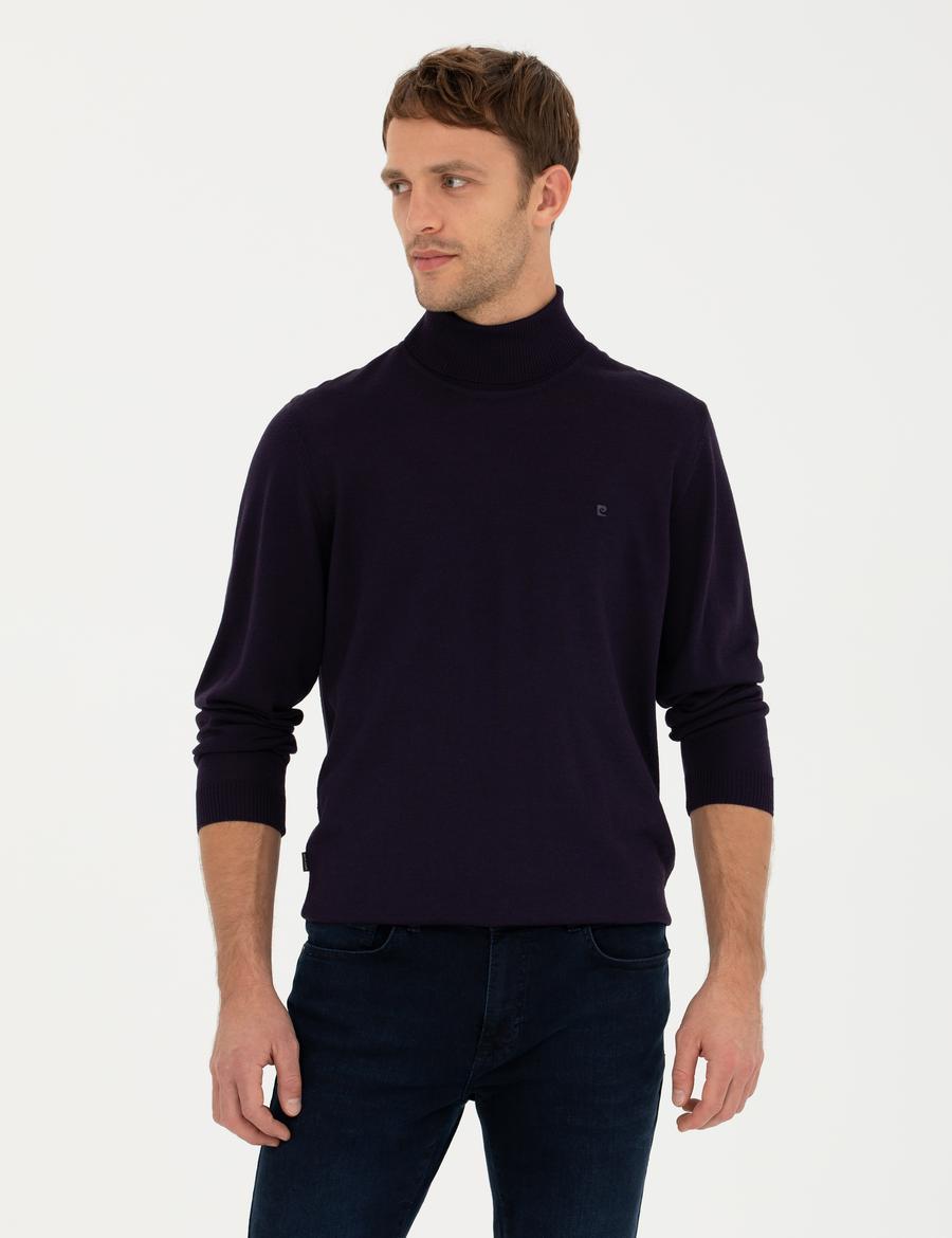 Mor Slim Fit Balıkçı Yaka Yün Karışımlı Basic Triko Kazak