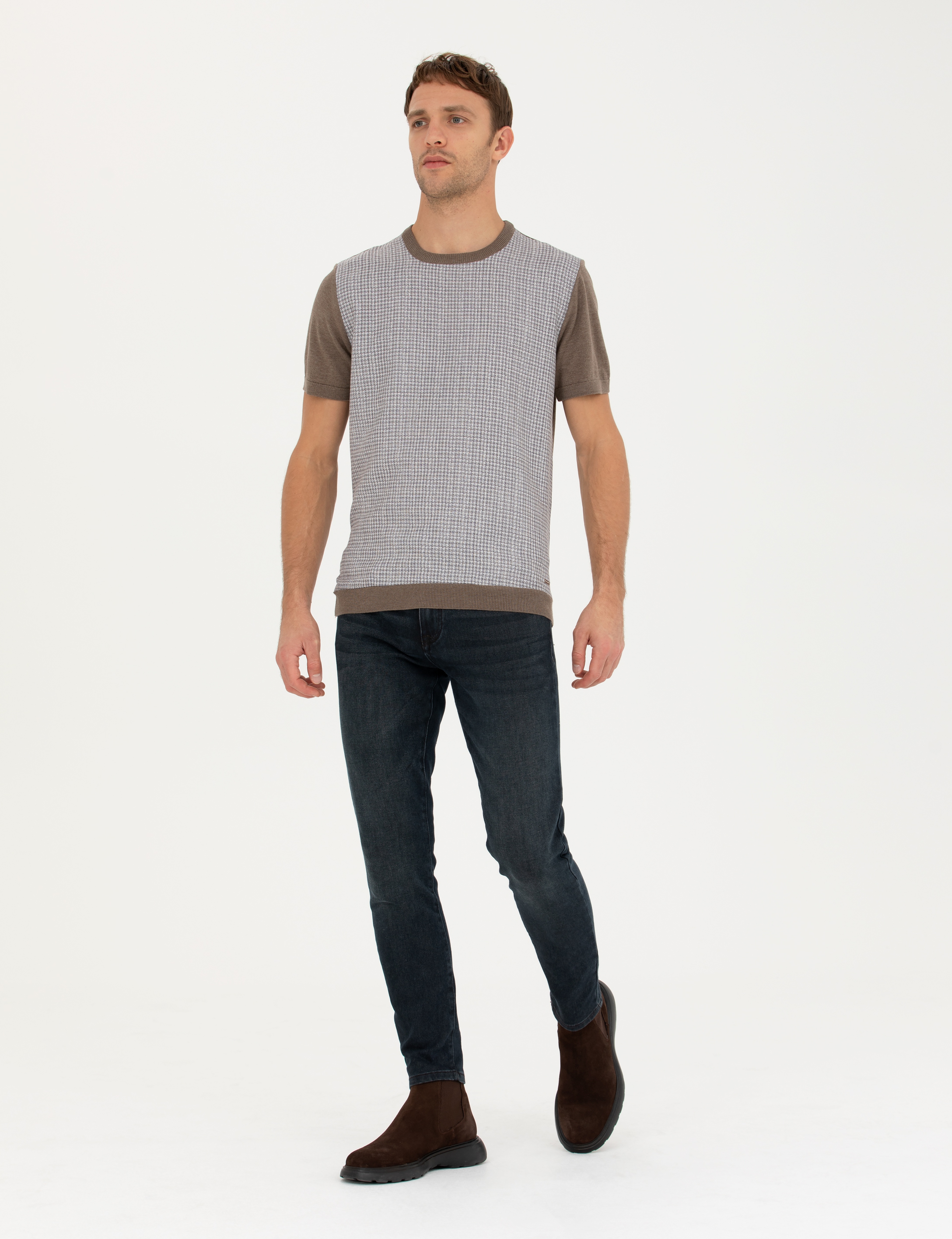 Vizon Melanj Slim Fit Bisiklet Yaka Triko Tişört