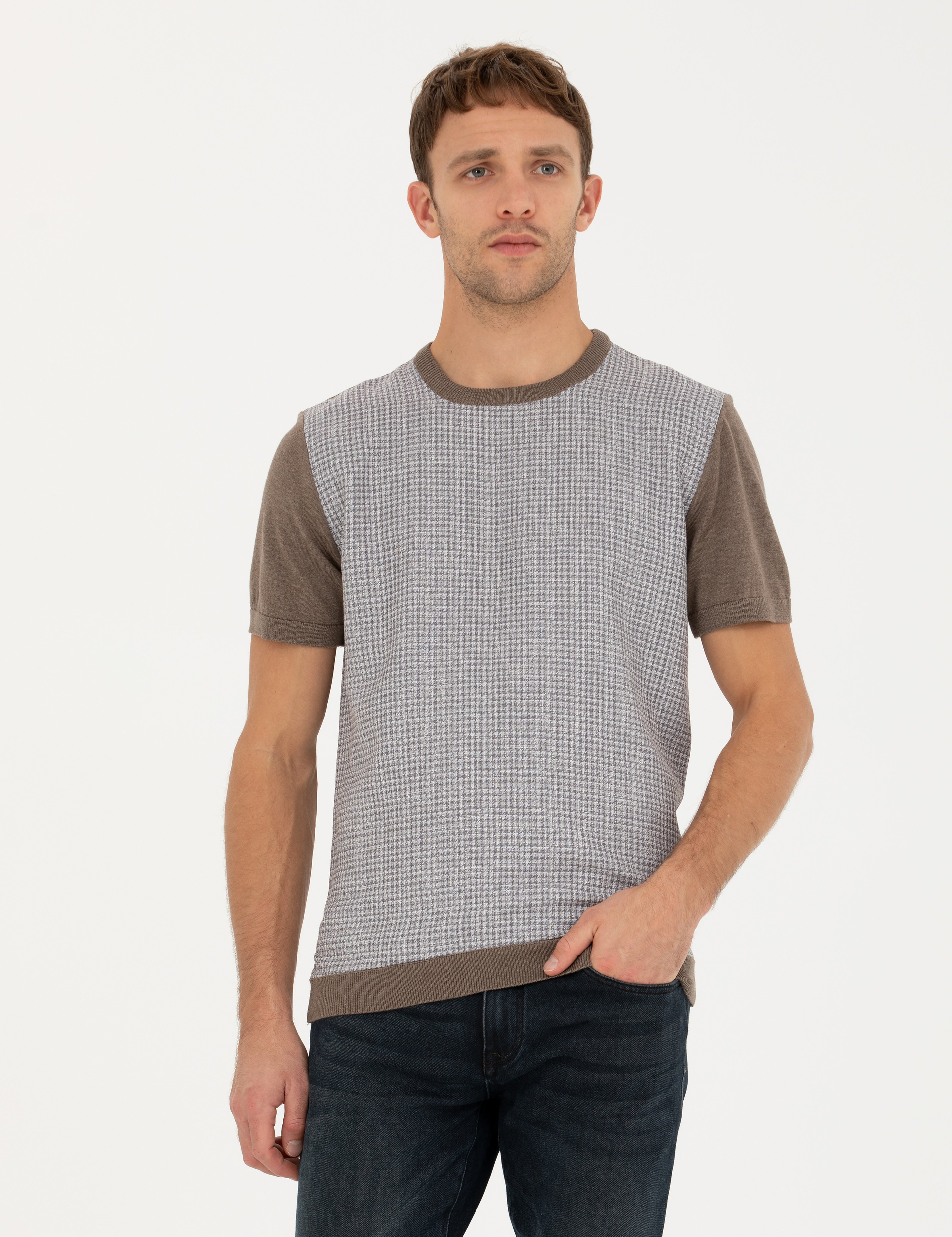 Vizon Melanj Slim Fit Bisiklet Yaka Triko Tişört - Image 1