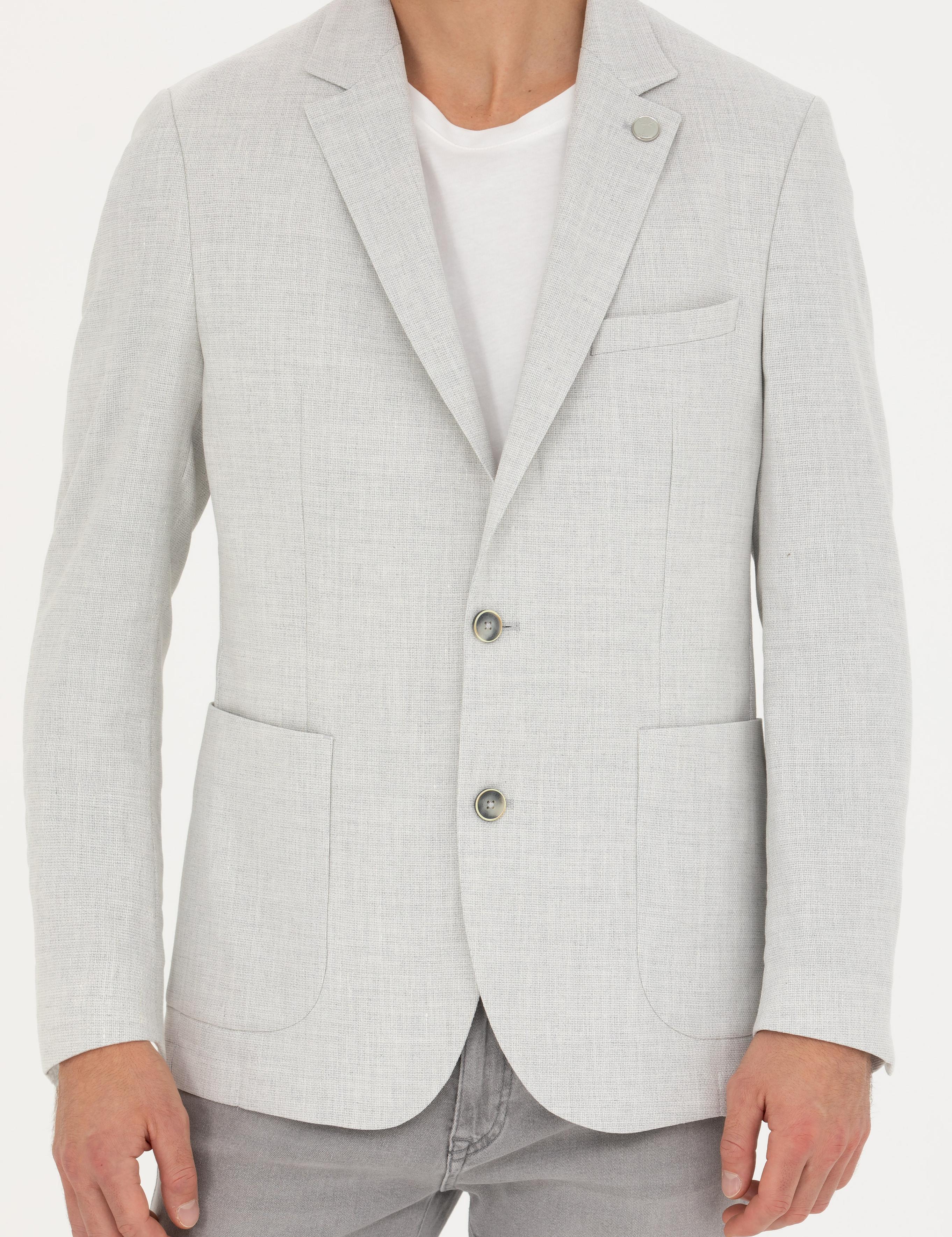 Açık Gri Ex. Slim Fit Keten Karışımlı Ceket