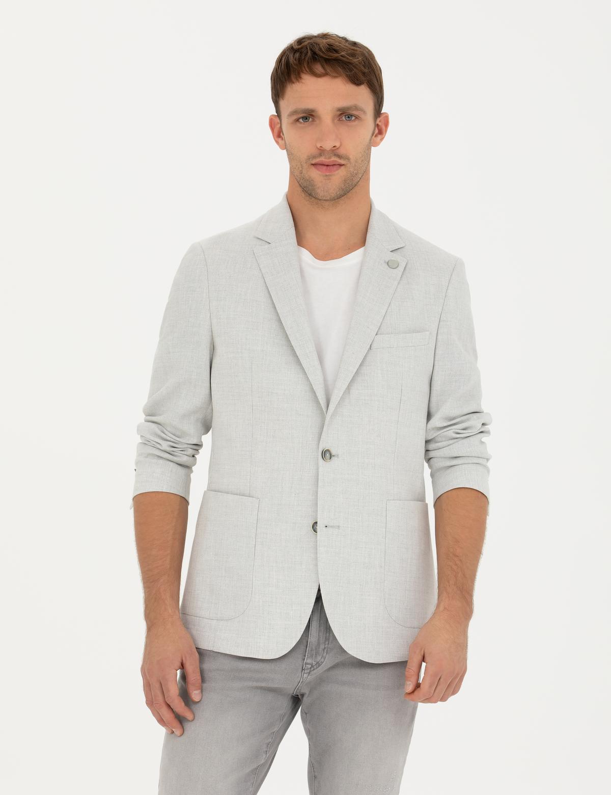 Açık Gri Ex. Slim Fit Keten Karışımlı Ceket