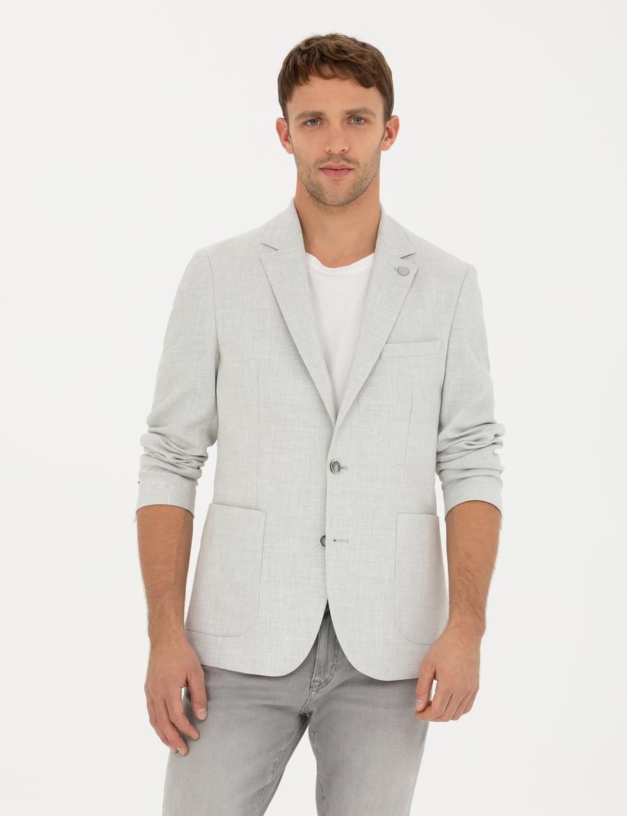 Açık Gri Ex. Slim Fit Keten Karışımlı Ceket