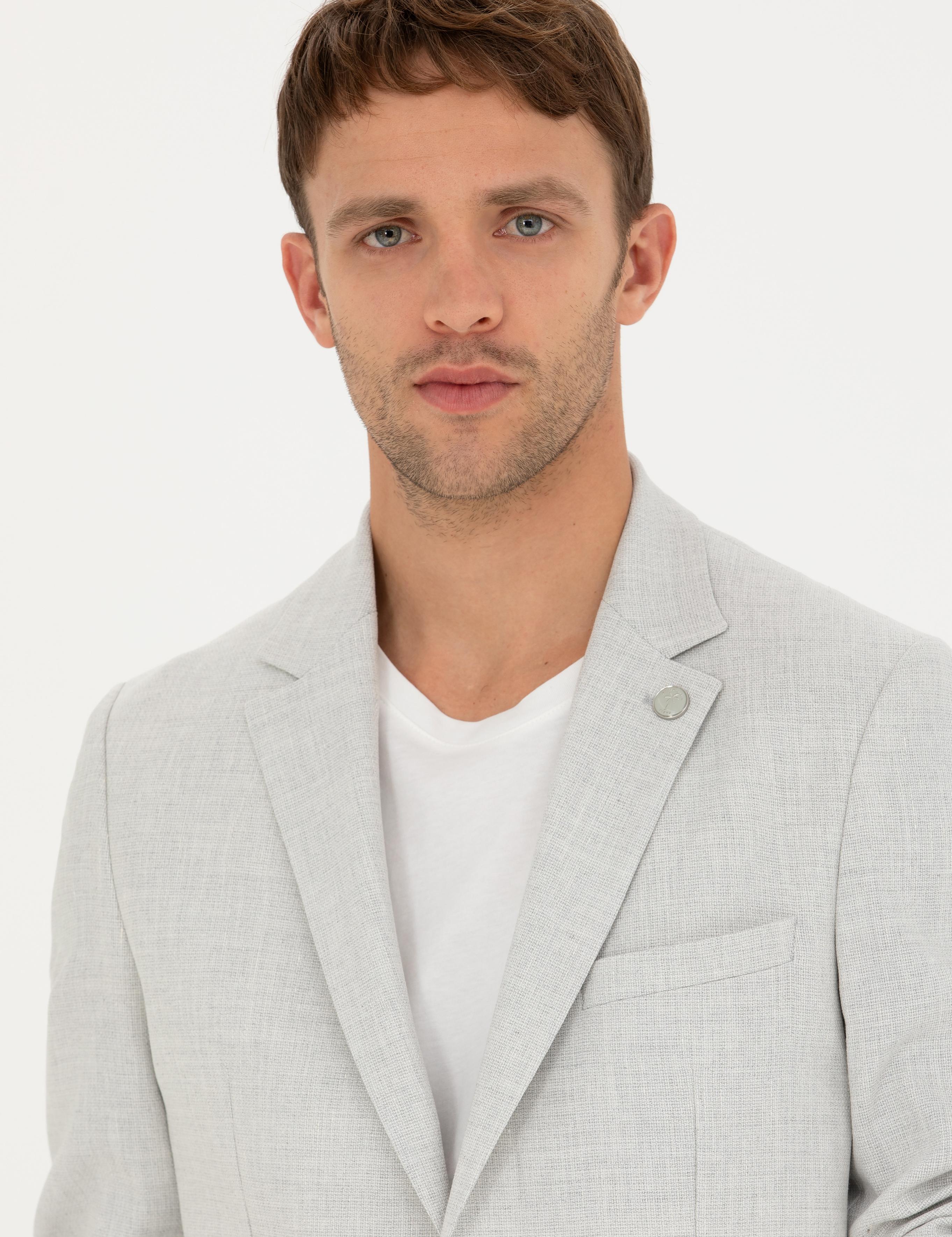 Açık Gri Ex. Slim Fit Keten Karışımlı Ceket