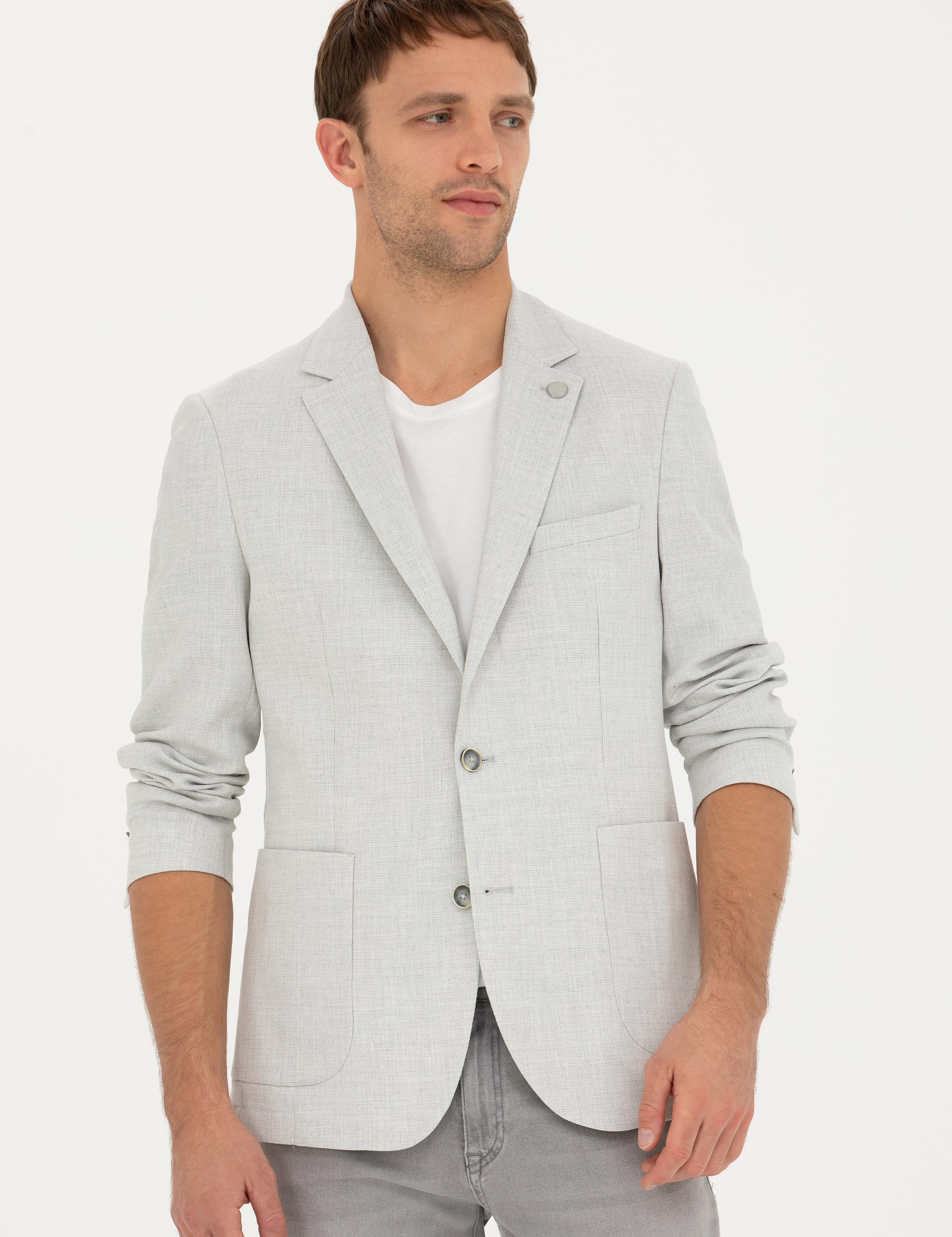 Açık Gri Ex. Slim Fit Keten Karışımlı Ceket