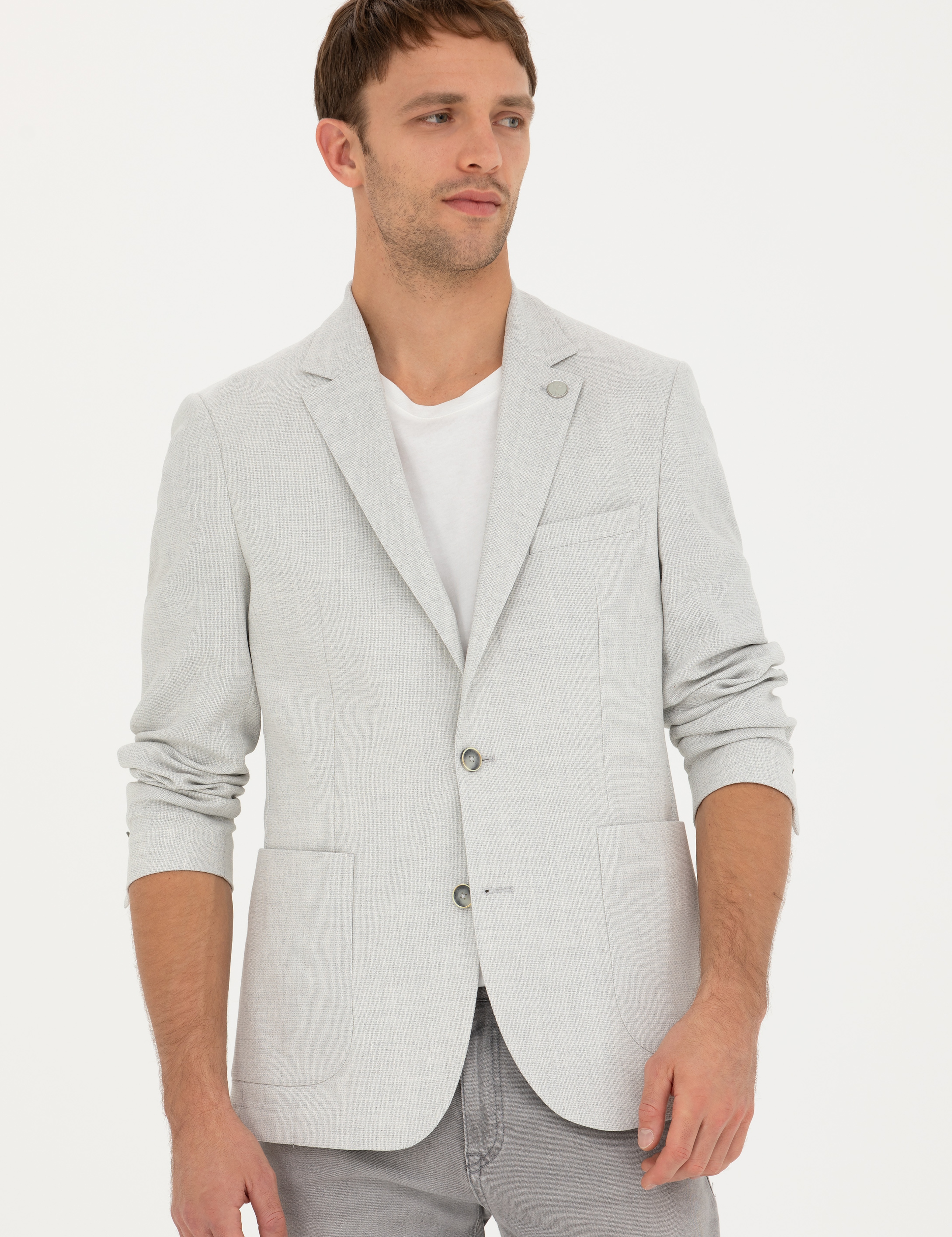 Açık Gri Ex. Slim Fit Keten Karışımlı Ceket - Image 3