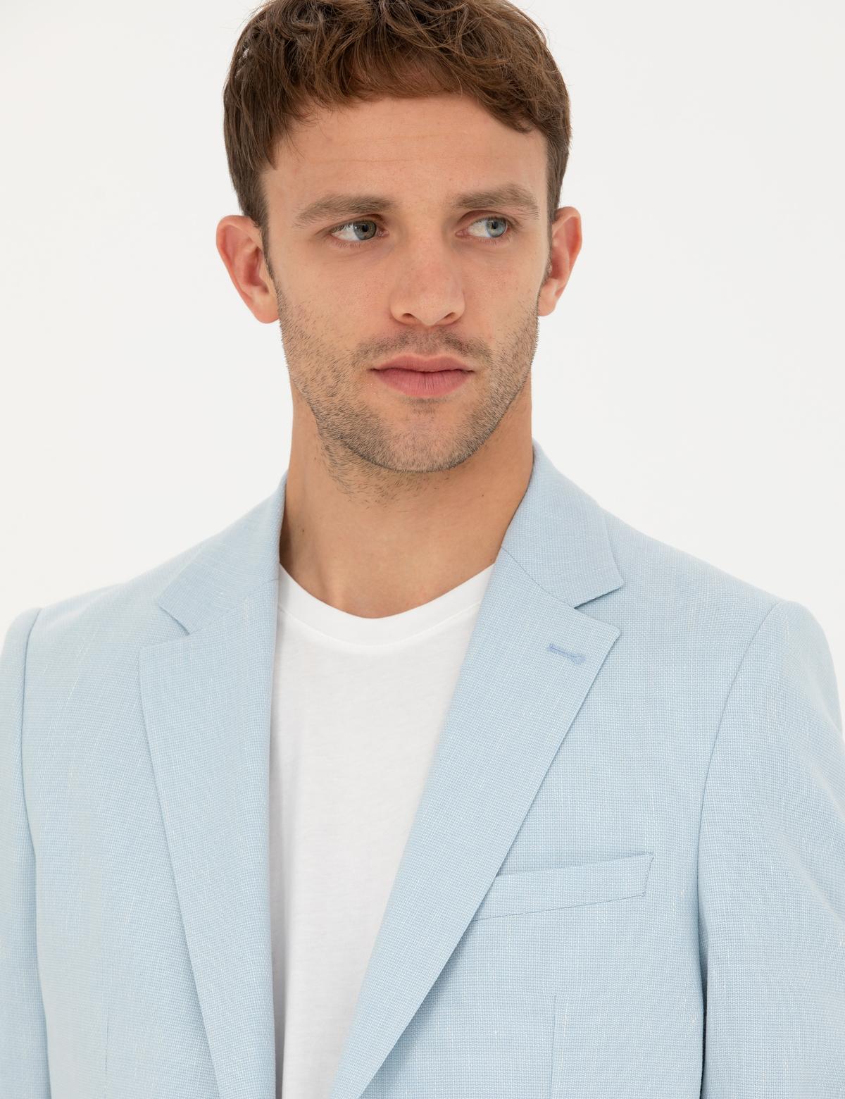 Açık Mavi Ex. Slim Fit Keten Karışımlı Ceket - 50285142044