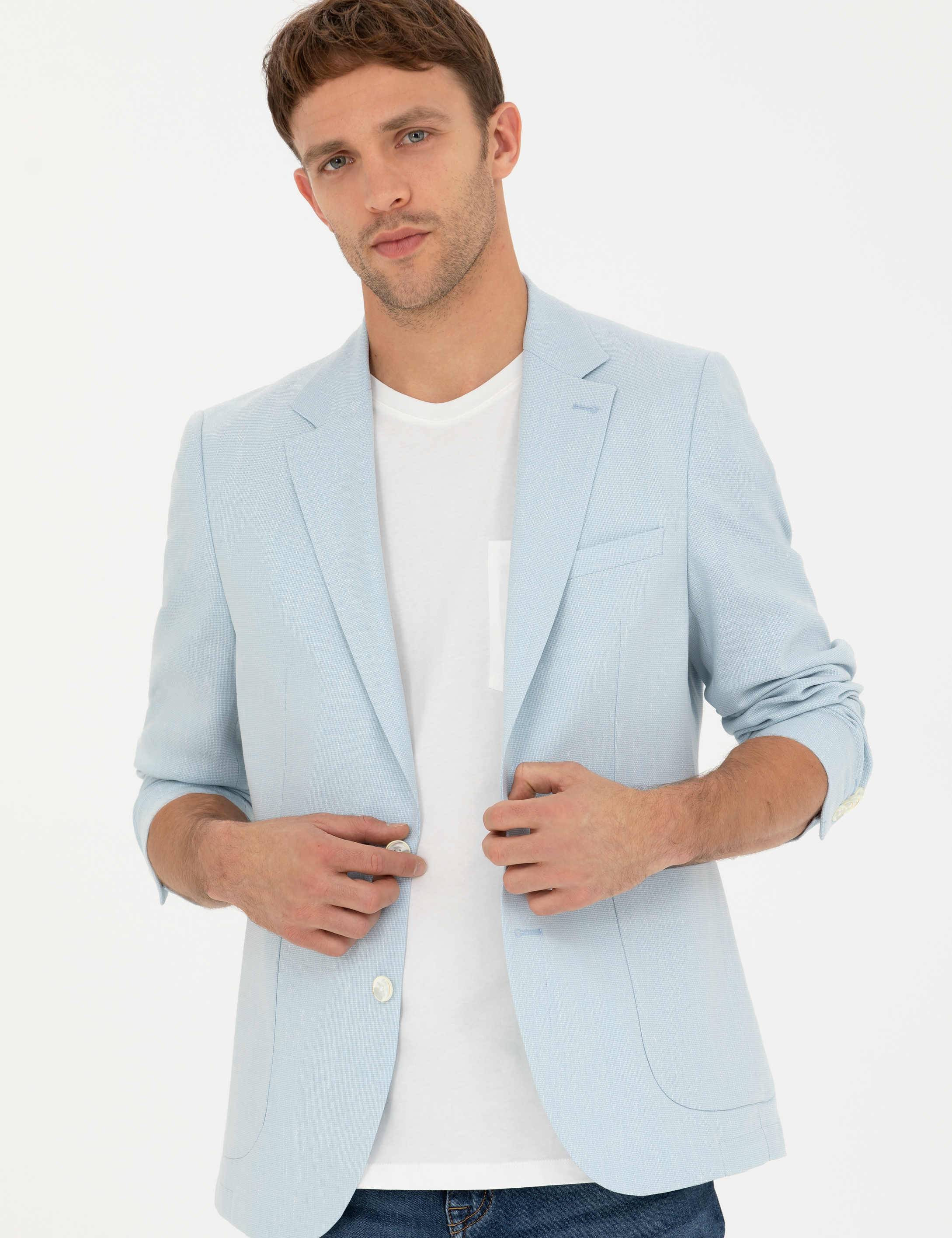 Açık Mavi Ex. Slim Fit Keten Karışımlı Ceket - Image 3
