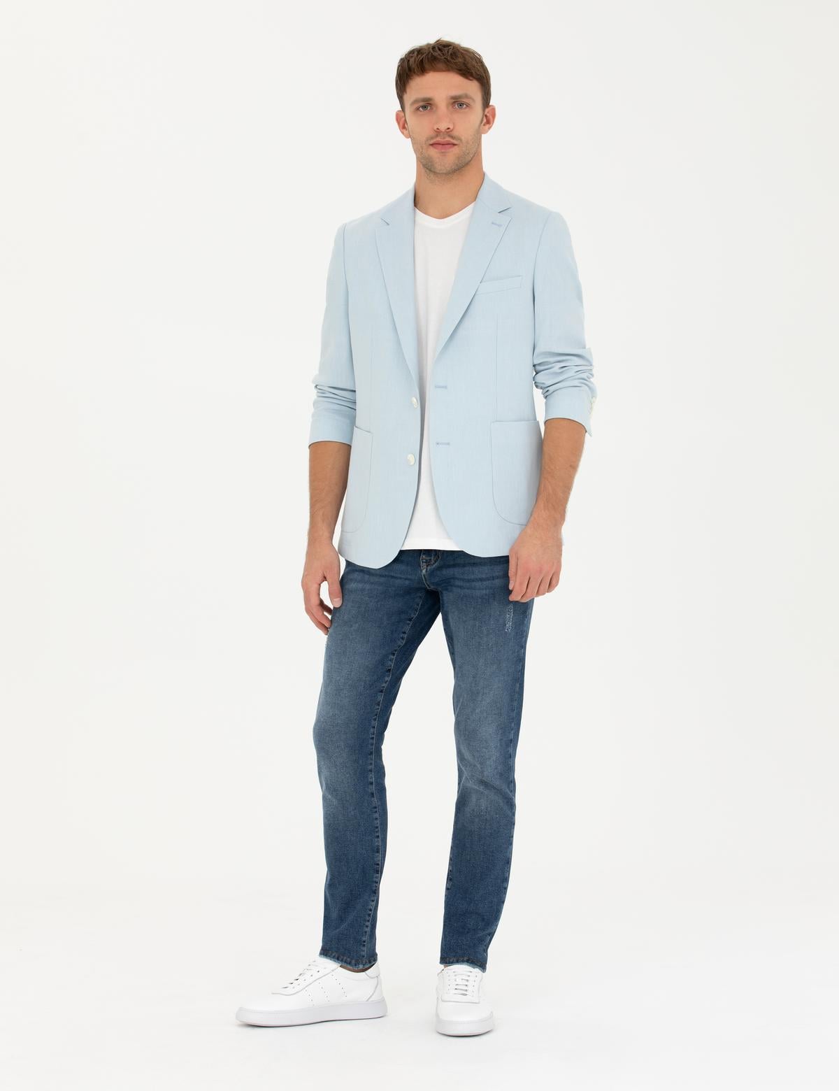 Açık Mavi Ex. Slim Fit Keten Karışımlı Ceket - 50285142044