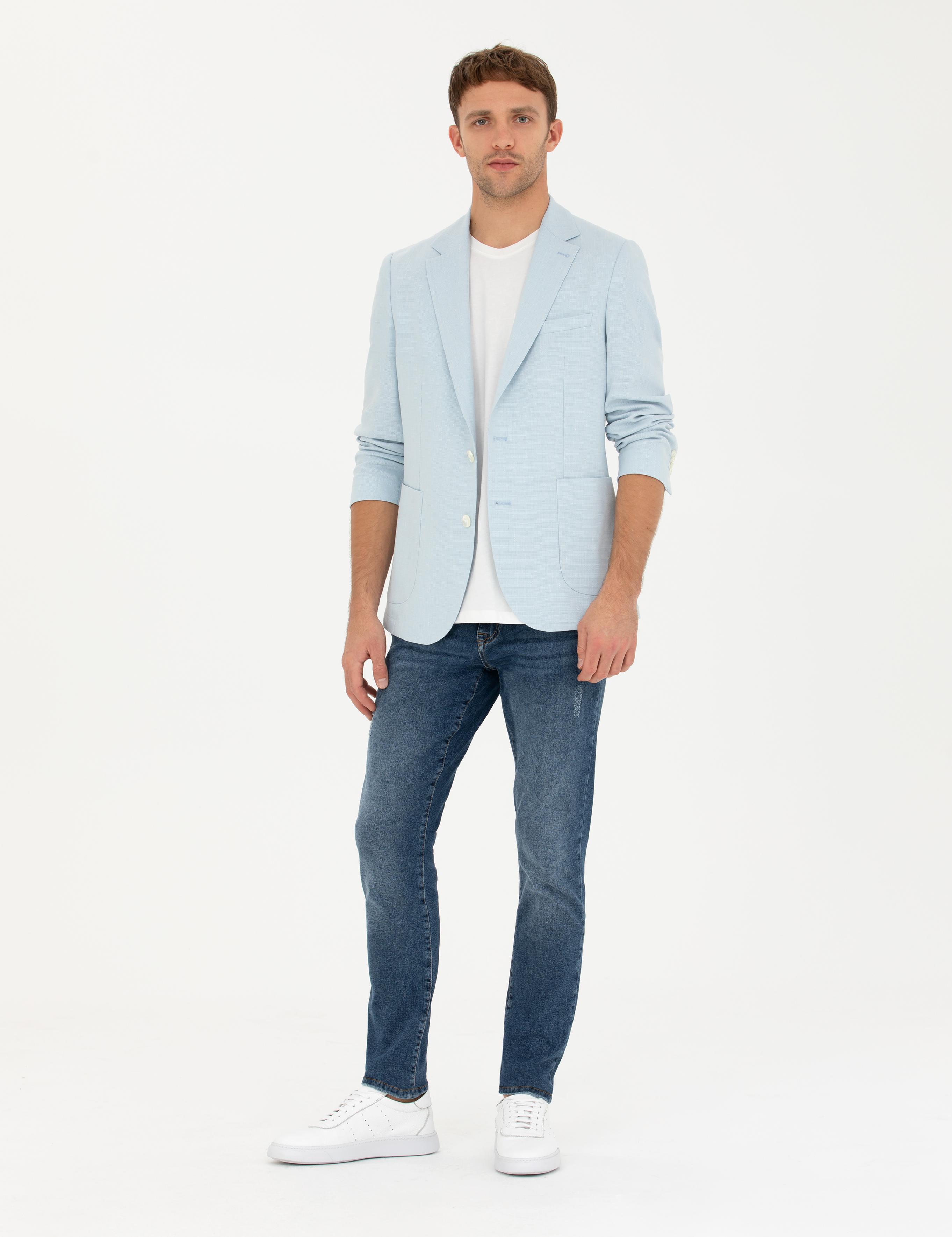 Açık Mavi Ex. Slim Fit Keten Karışımlı Ceket