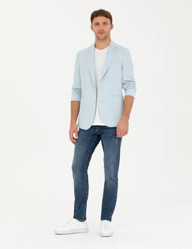 Açık Mavi Ex. Slim Fit Keten Karışımlı Ceket