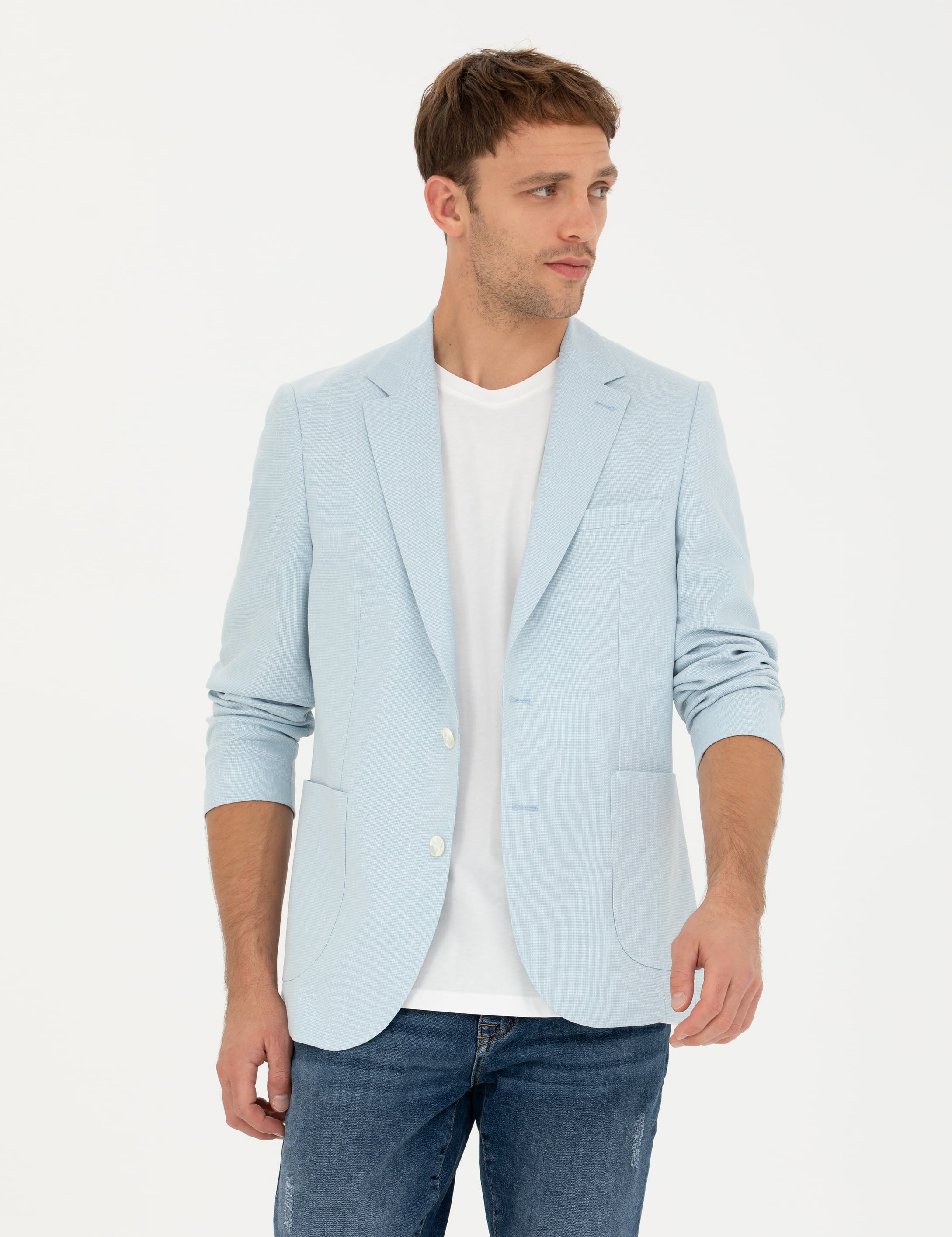 Açık Mavi Ex. Slim Fit Keten Karışımlı Ceket