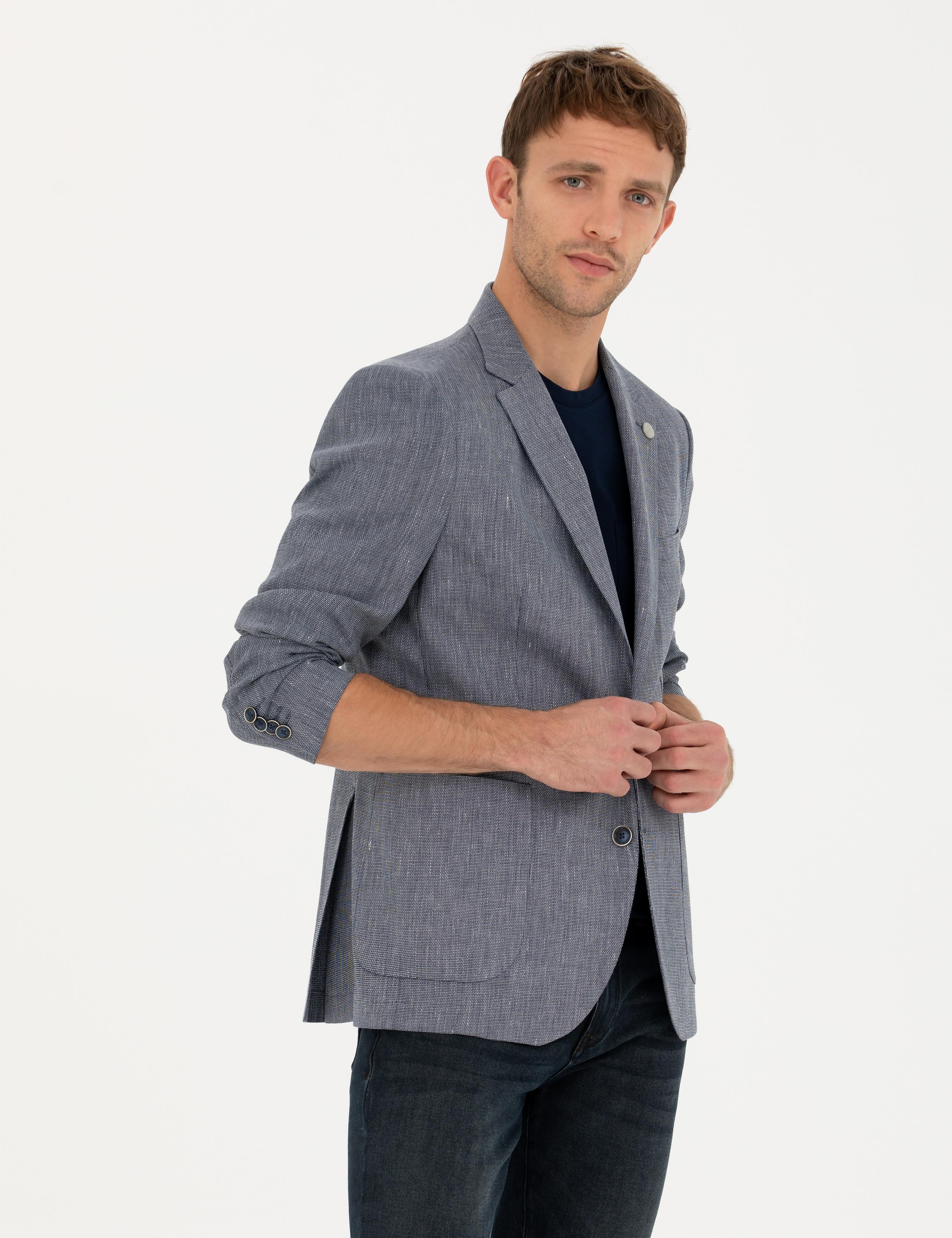 Lacivert Ex. Slim Fit Keten Karışımlı Ceket