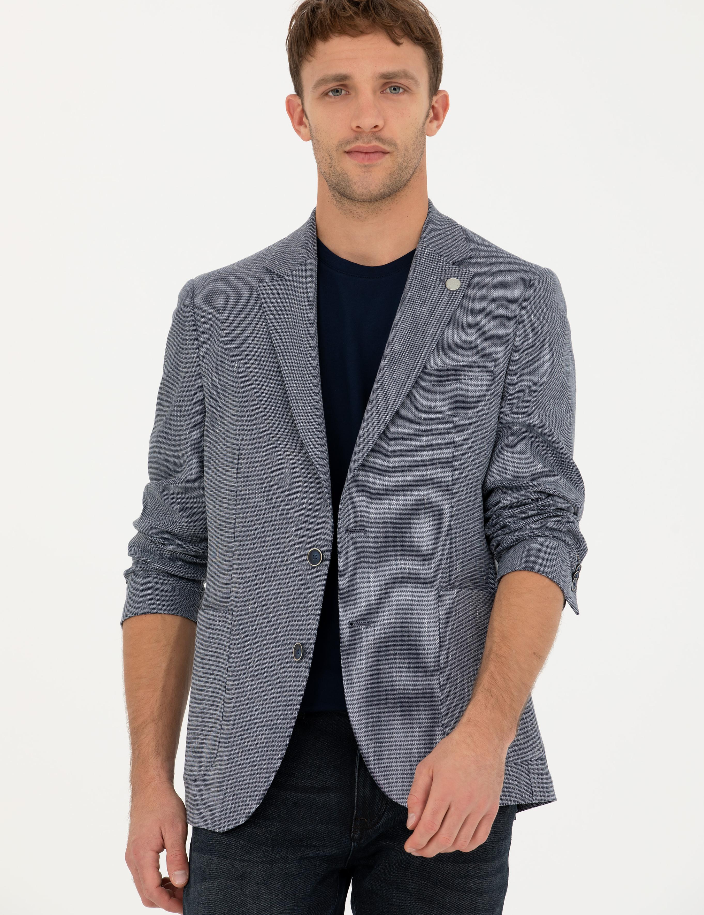 Lacivert Ex. Slim Fit Keten Karışımlı Ceket