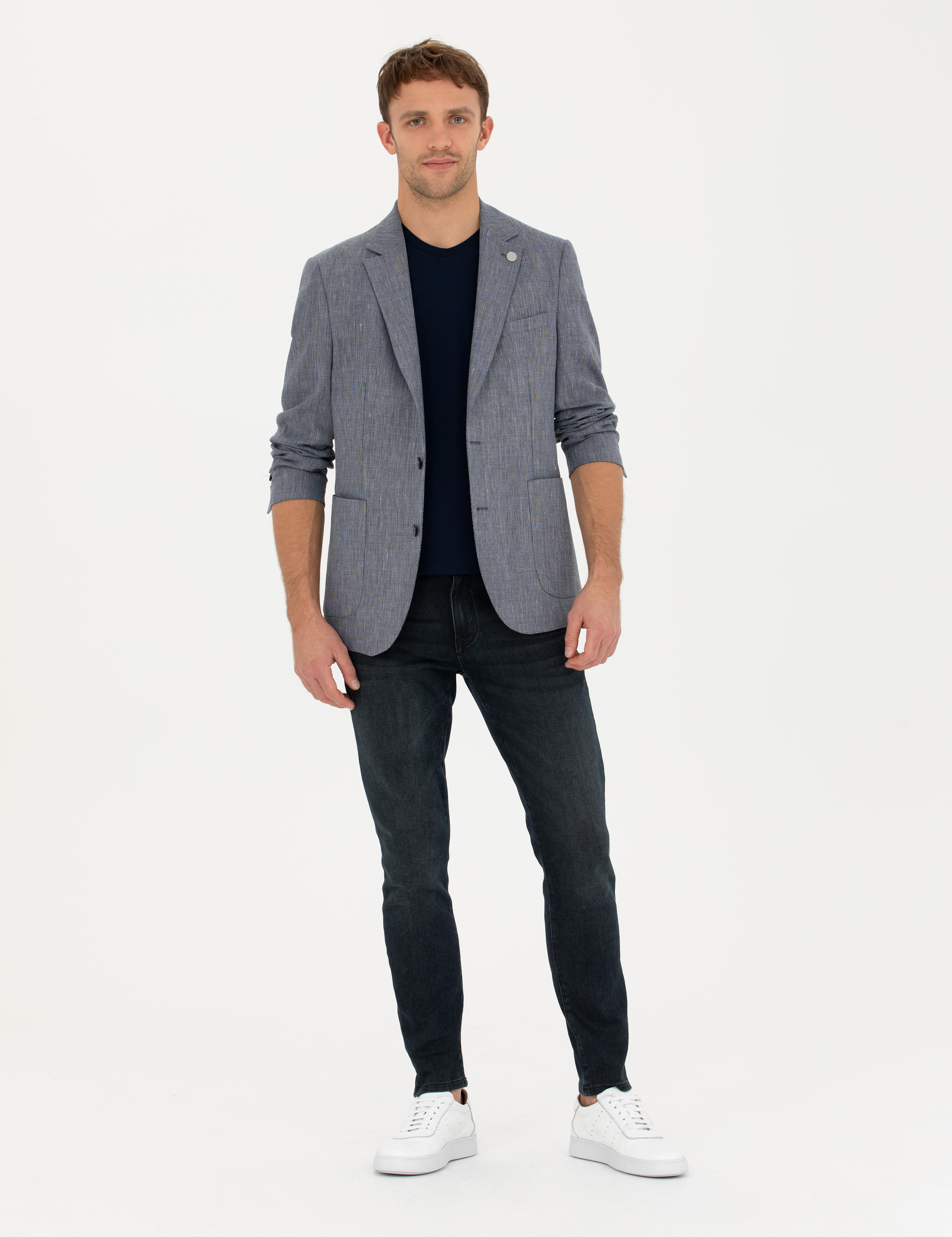 Lacivert Ex. Slim Fit Keten Karışımlı Ceket