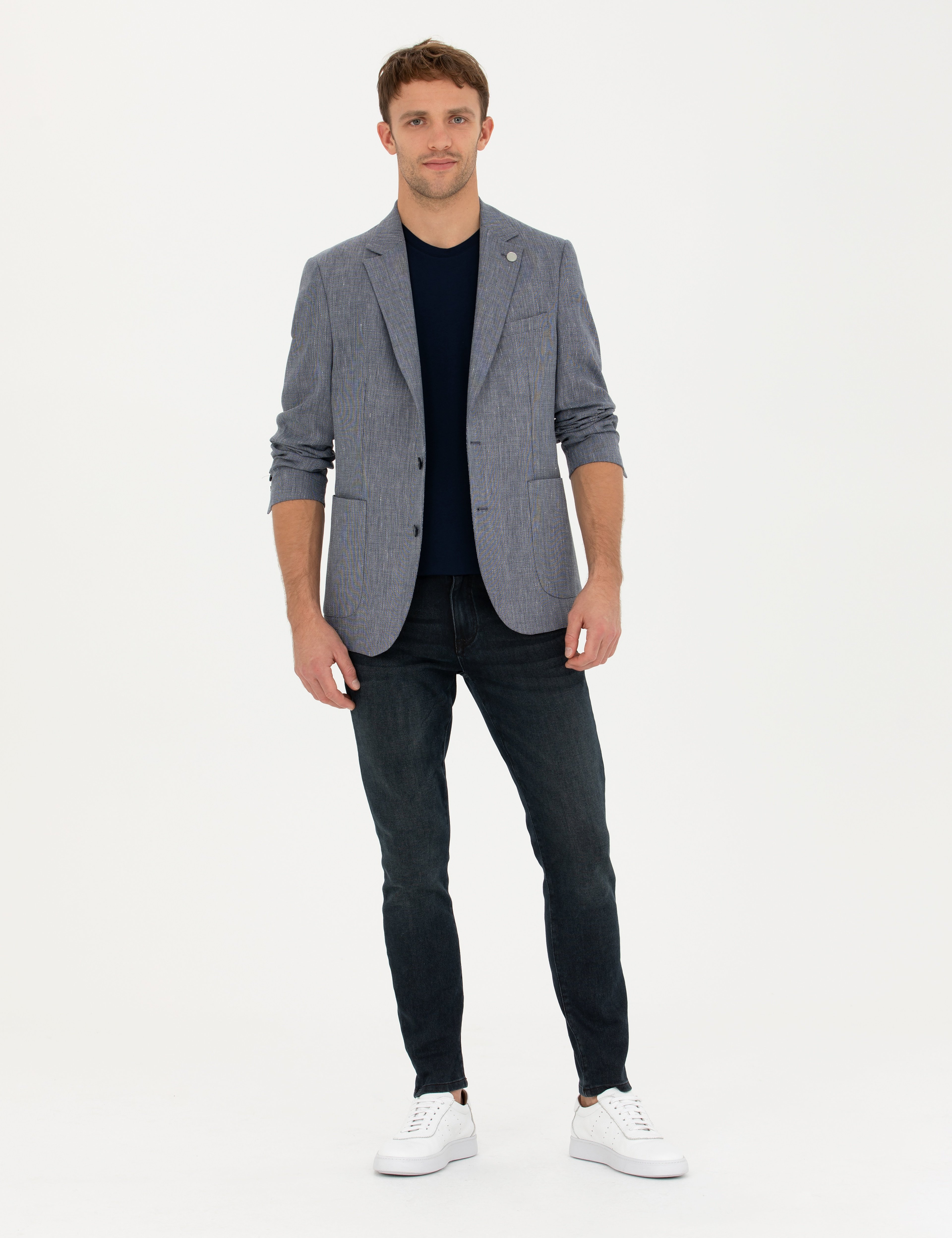 Lacivert Ex. Slim Fit Keten Karışımlı Ceket
