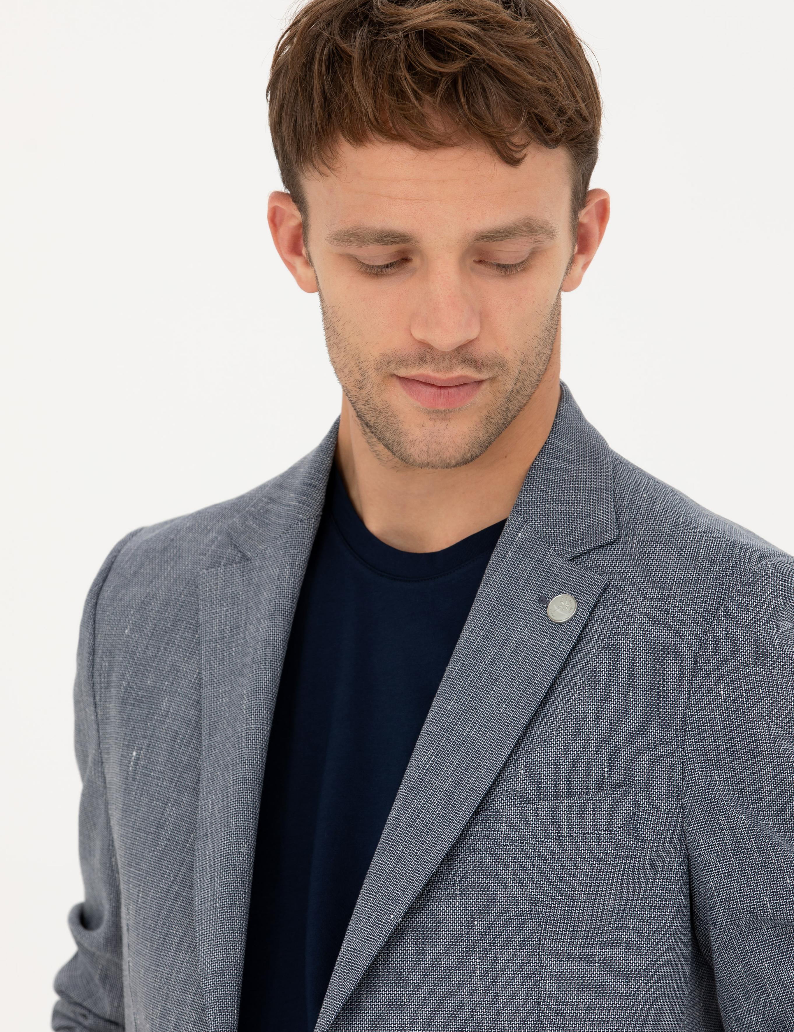 Lacivert Ex. Slim Fit Keten Karışımlı Ceket