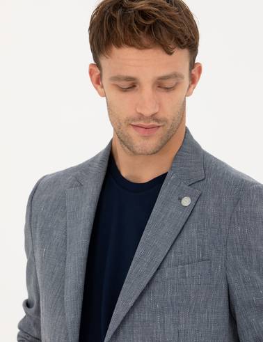 Lacivert Ex. Slim Fit Keten Karışımlı Ceket