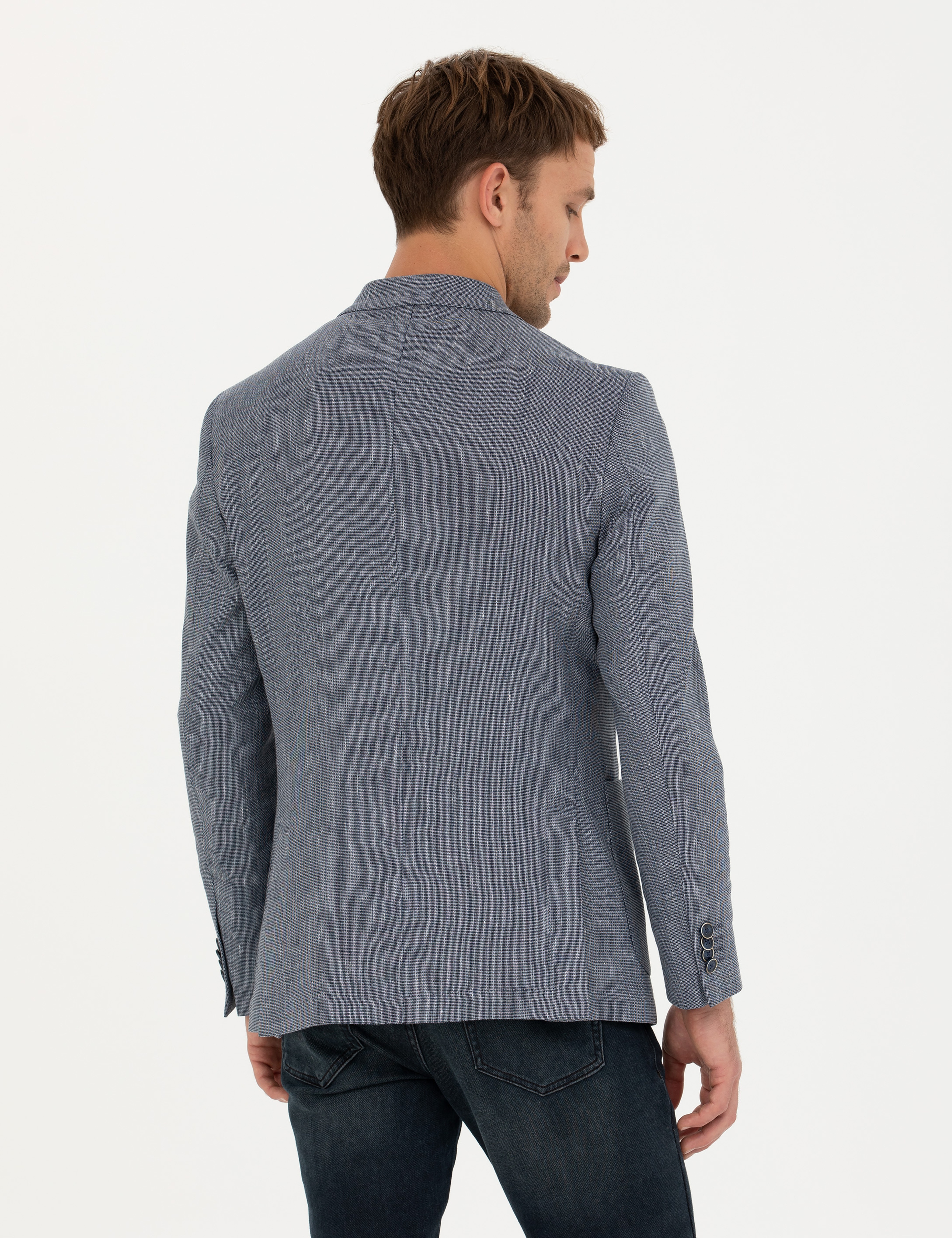Lacivert Ex. Slim Fit Keten Karışımlı Ceket