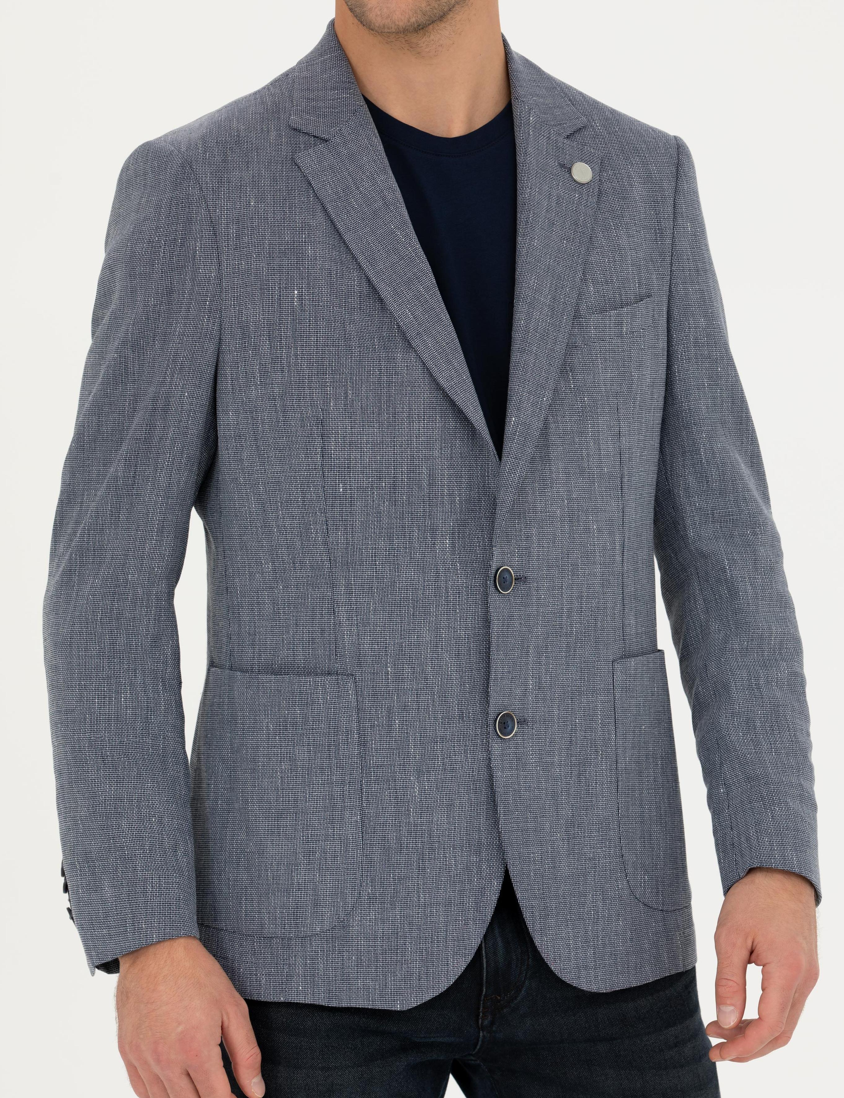 Lacivert Ex. Slim Fit Keten Karışımlı Ceket