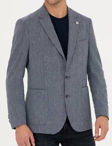 Lacivert Ex. Slim Fit Keten Karışımlı Ceket