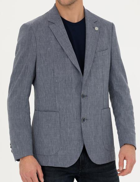 Lacivert Ex. Slim Fit Keten Karışımlı Ceket - 50285142188