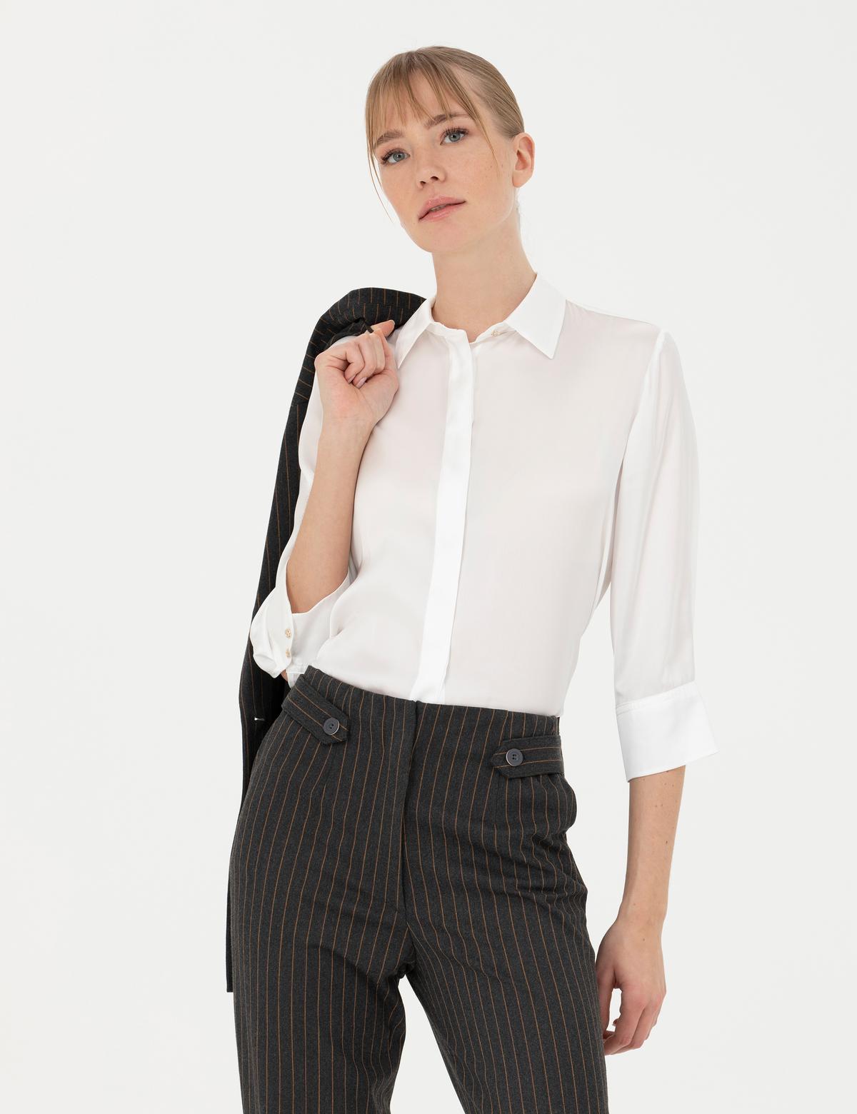 Ekru Comfort Fit Saten Gömlek