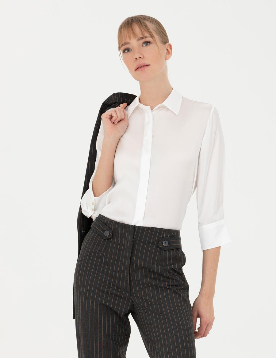 Ekru Comfort Fit Saten Gömlek