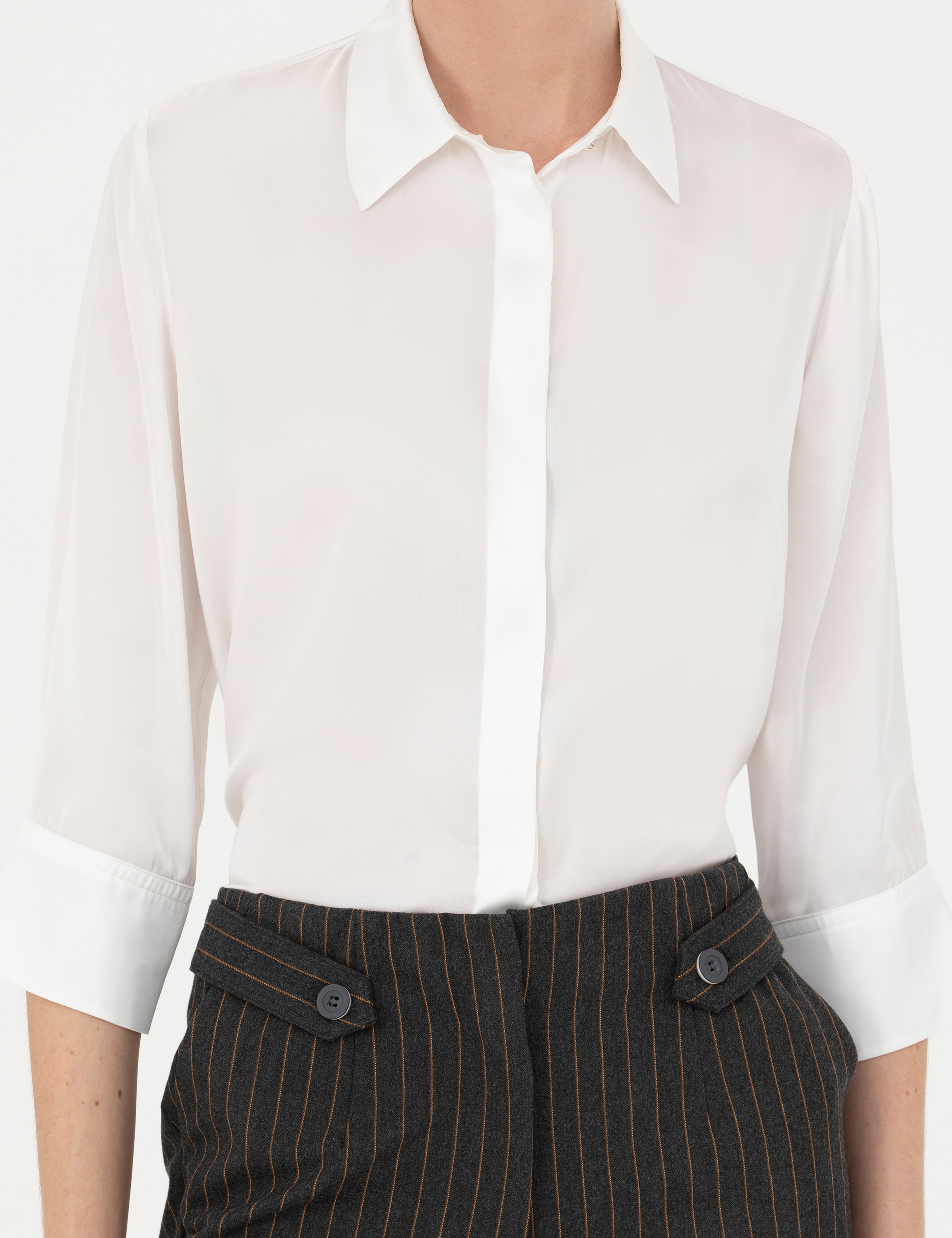 Ekru Comfort Fit Saten Gömlek