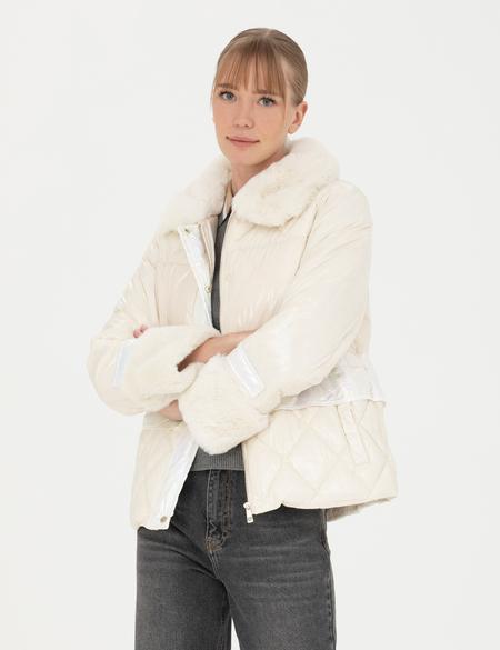 Ekru Kürk Yaka Mont - 50277565004