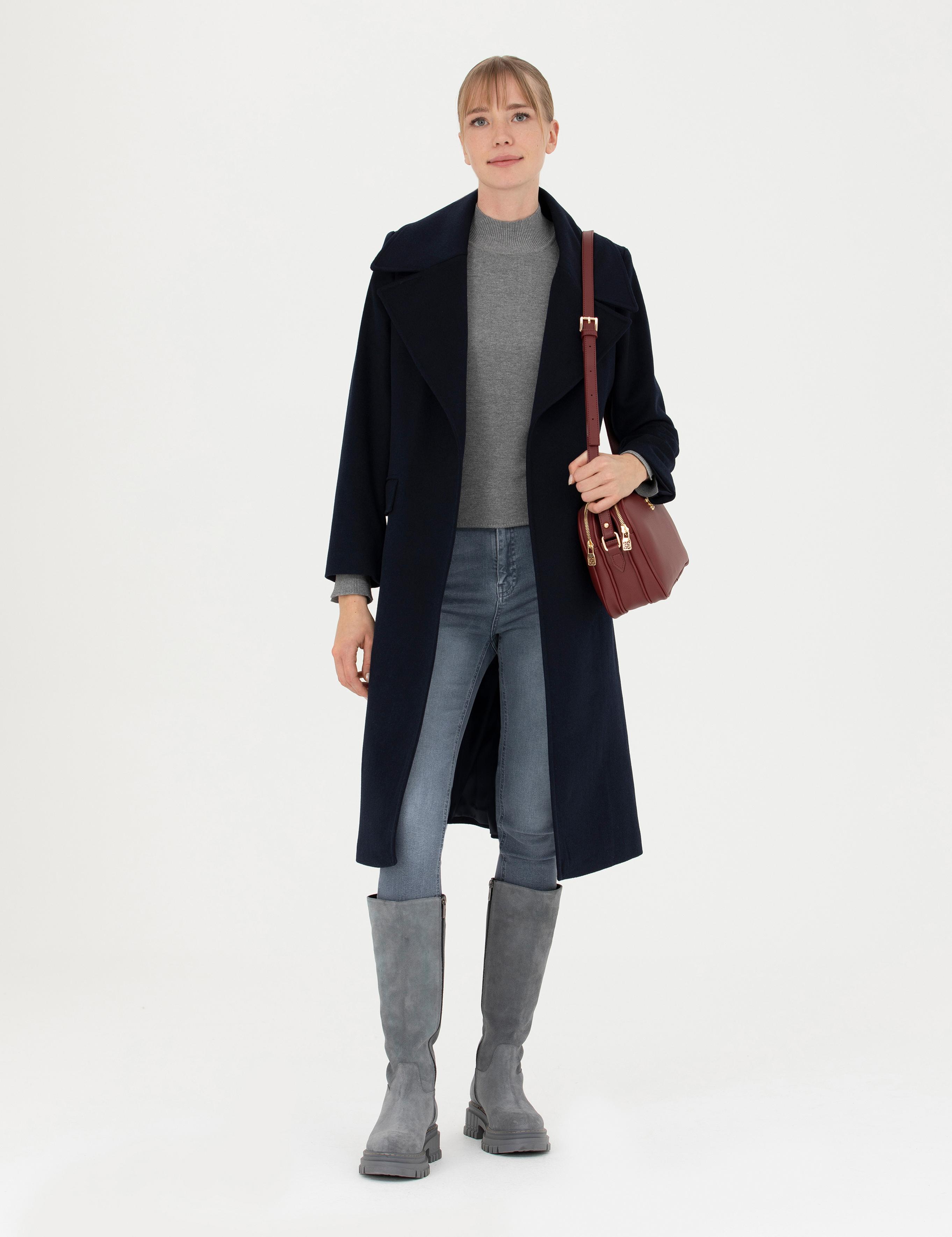 Lacivert Regular Fit Kaşe Kaban