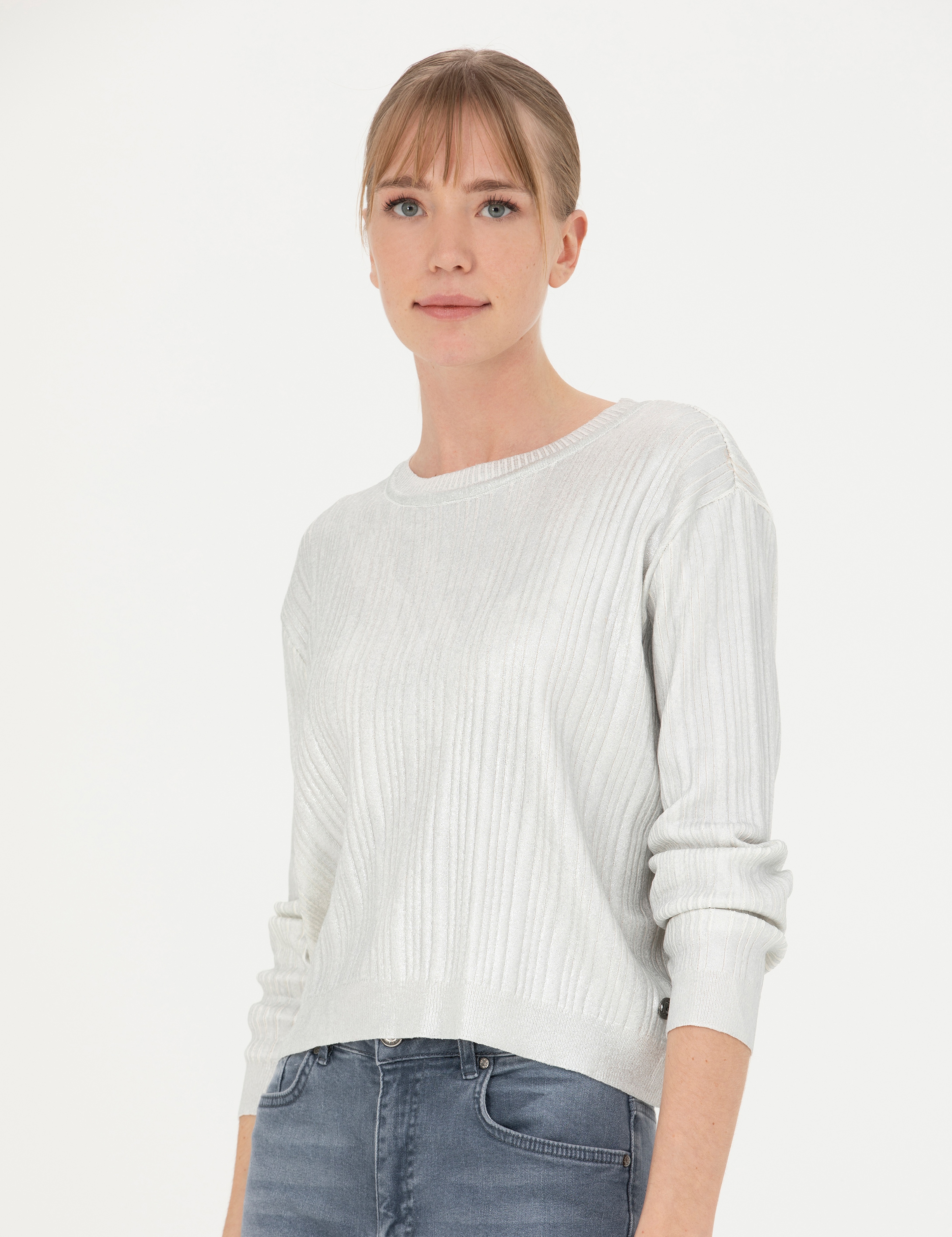 Ekru Regular Fit Bisiklet Yaka Kazak - Image 3