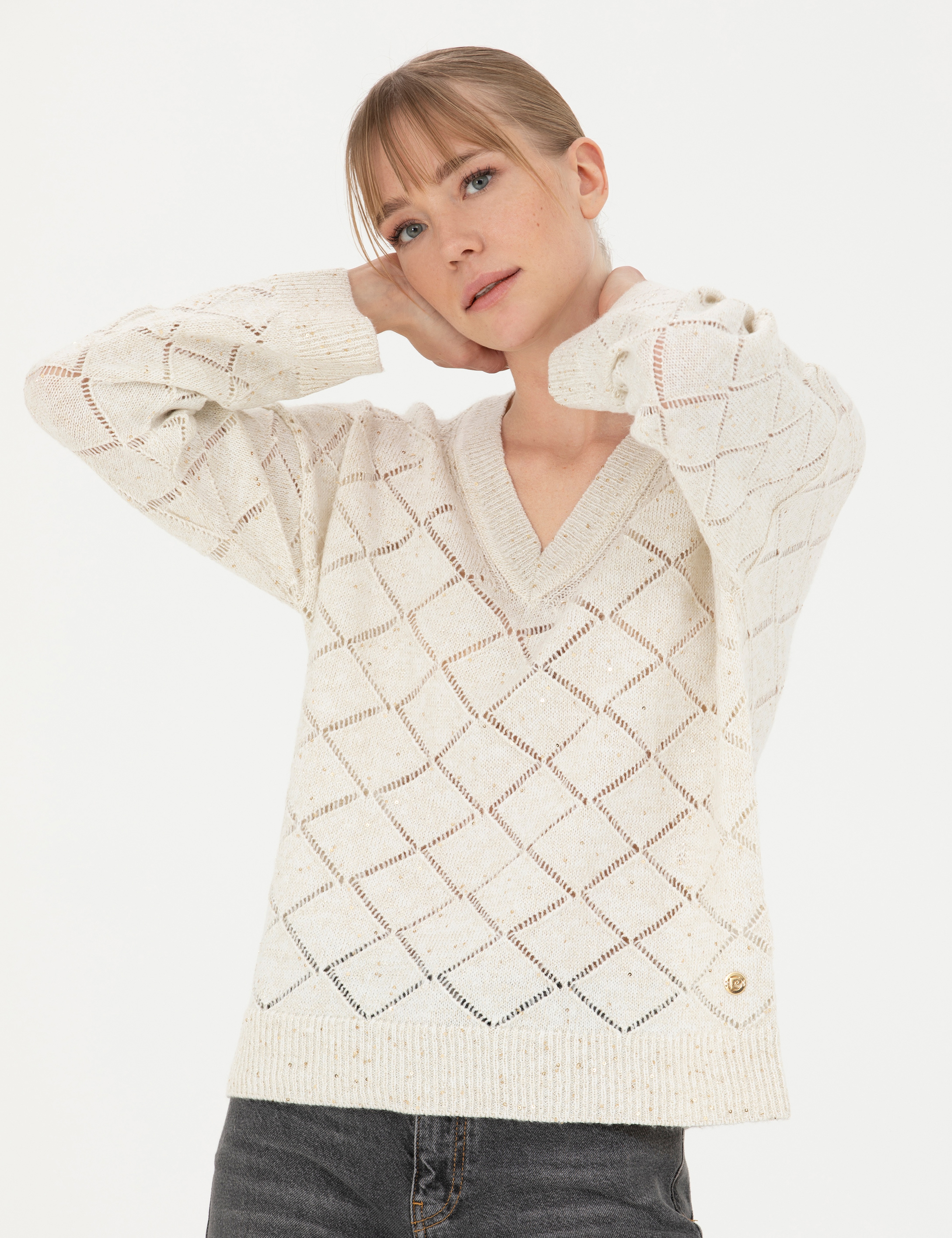 Krem Comfort Fit V Yaka Kazak - Image 3