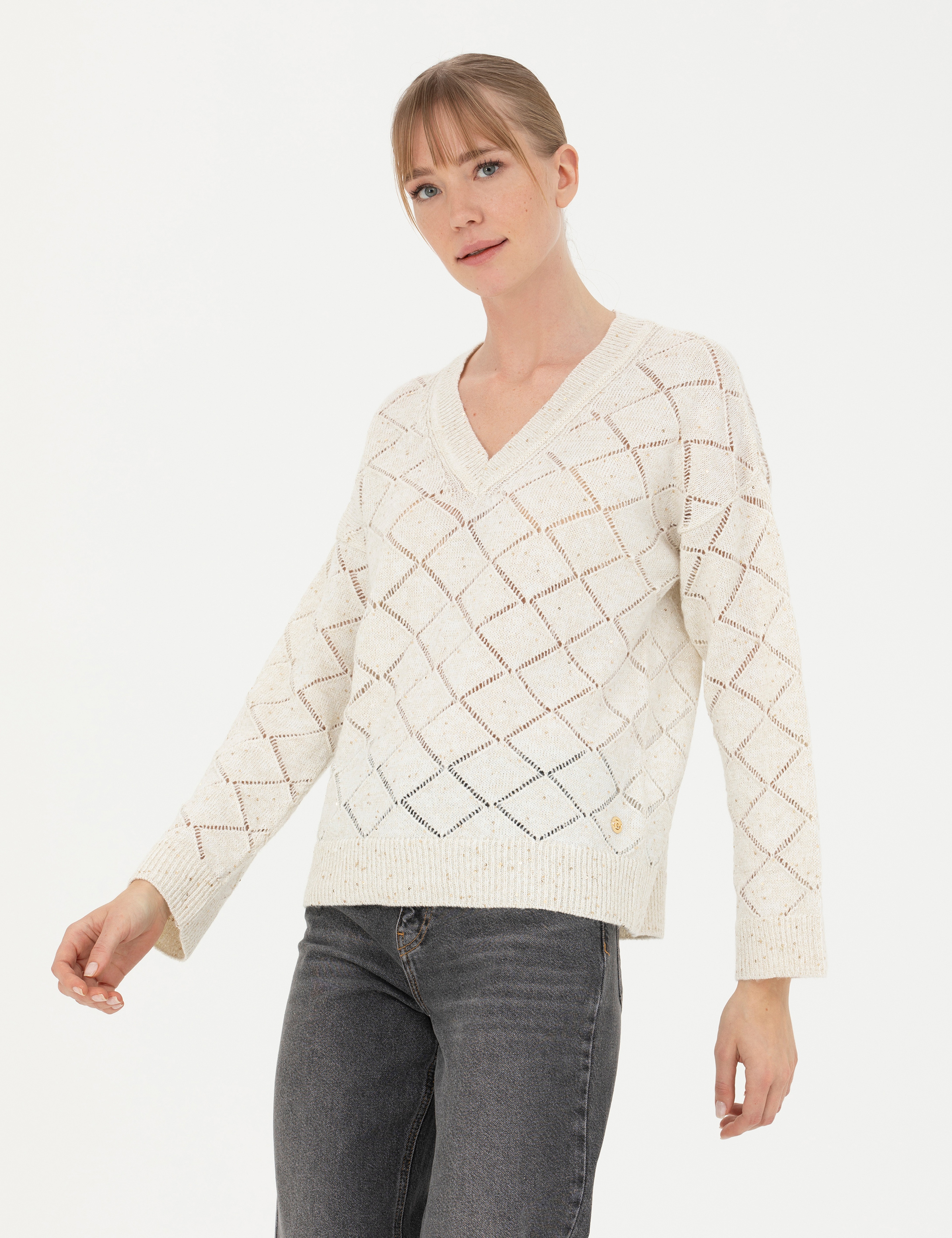 Krem Comfort Fit V Yaka Kazak - Image 1