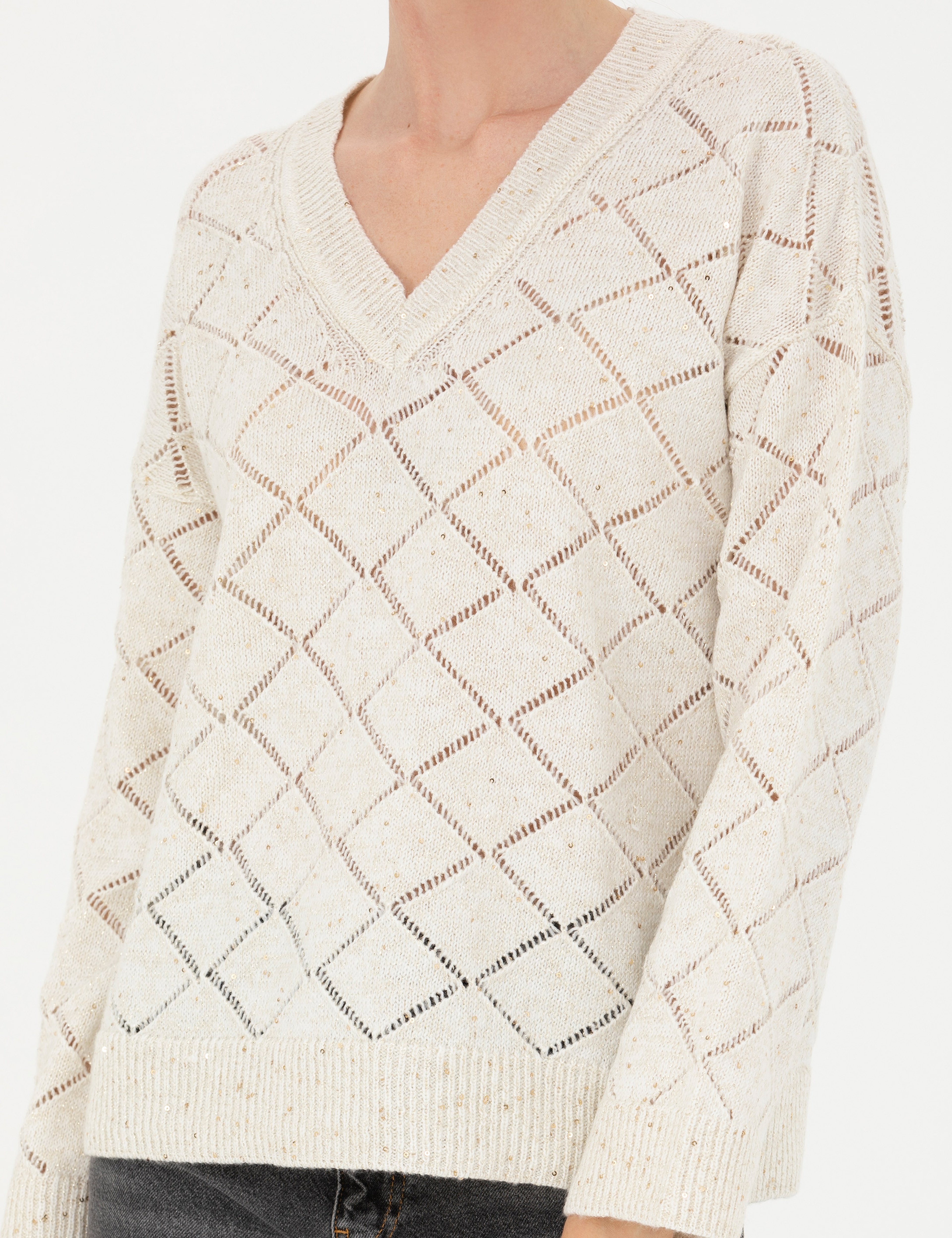 Krem Comfort Fit V Yaka Kazak - Image 6