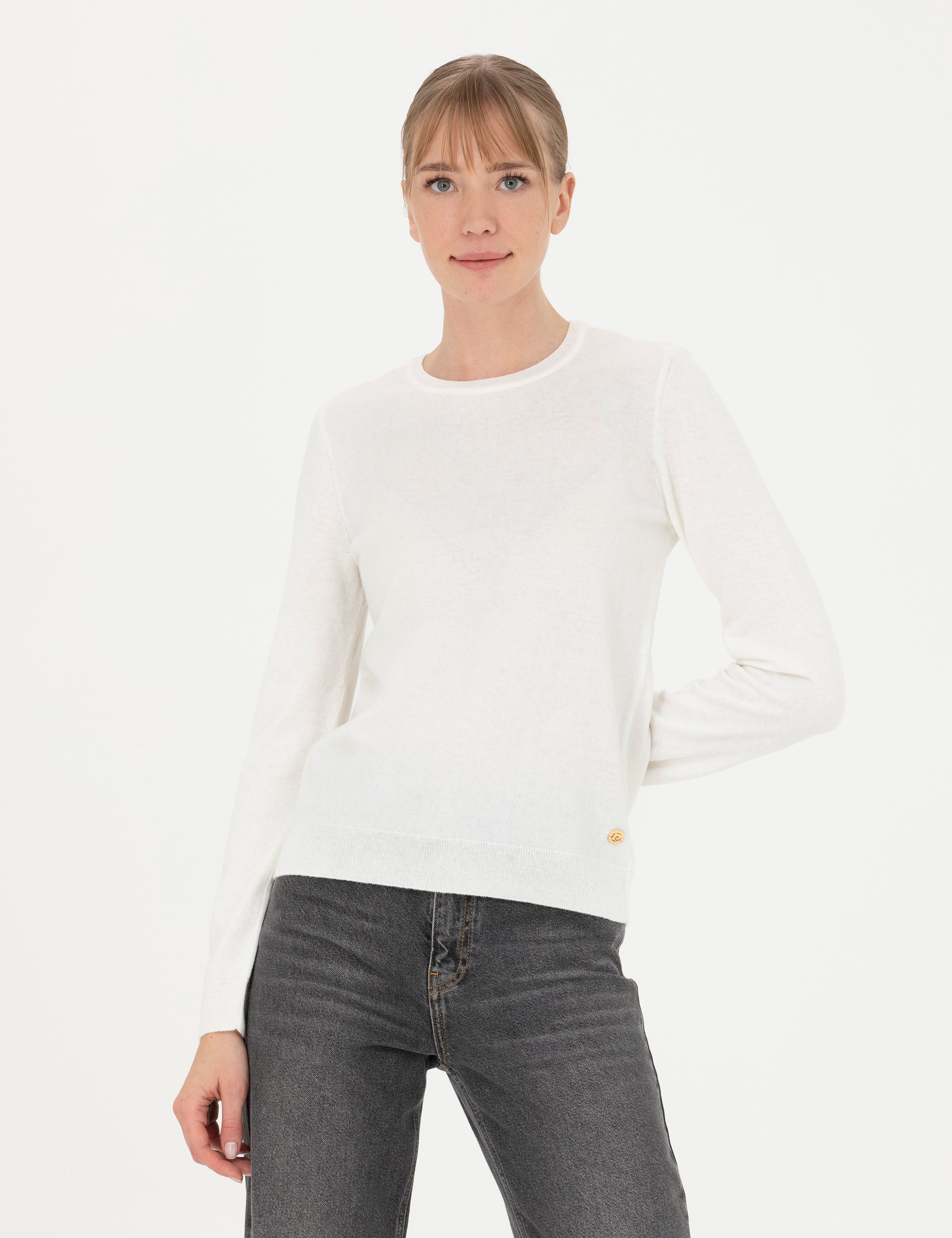 Krem Slim Fit Bisiklet Yaka Kazak - Image 1