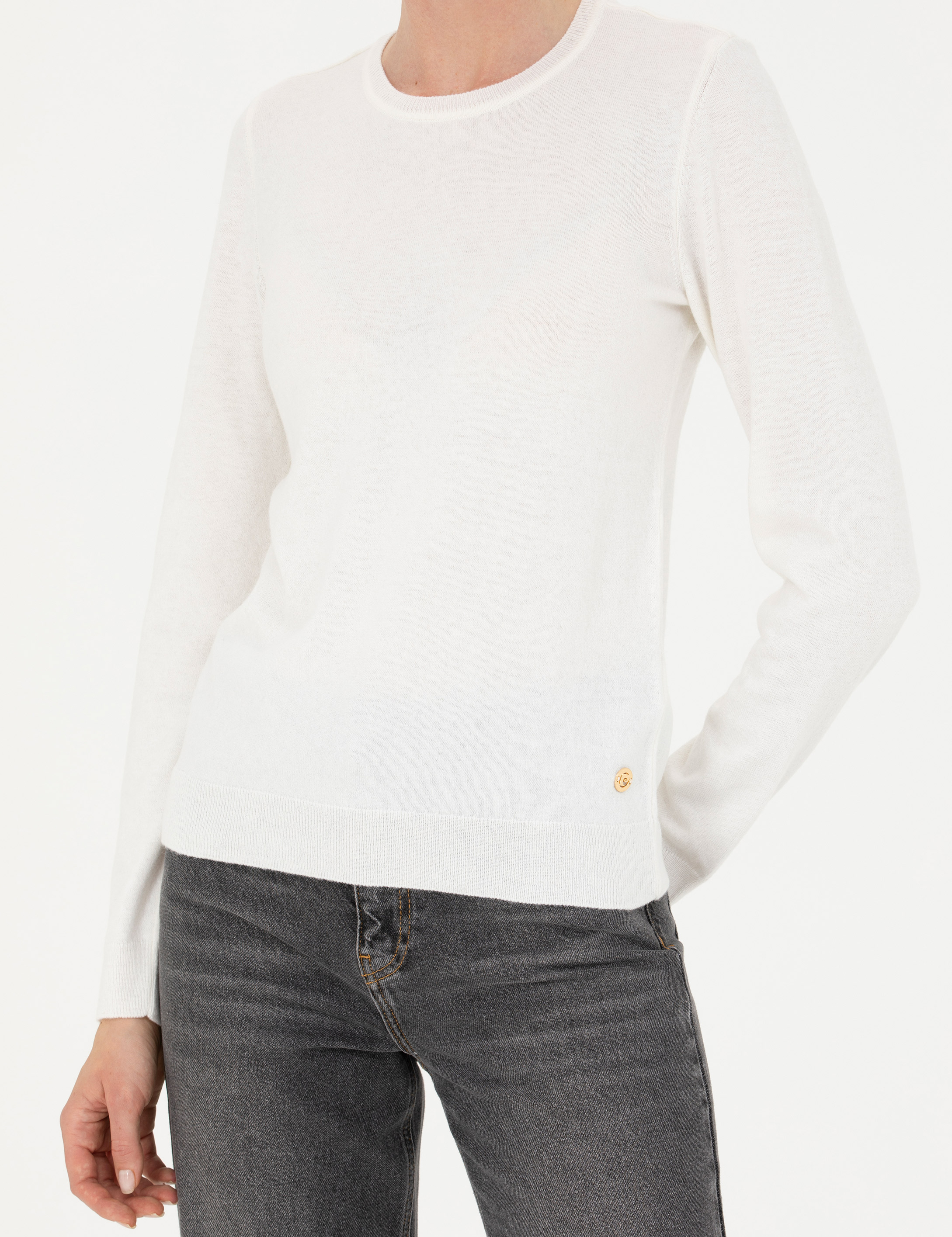 Krem Slim Fit Bisiklet Yaka Kazak - Image 6