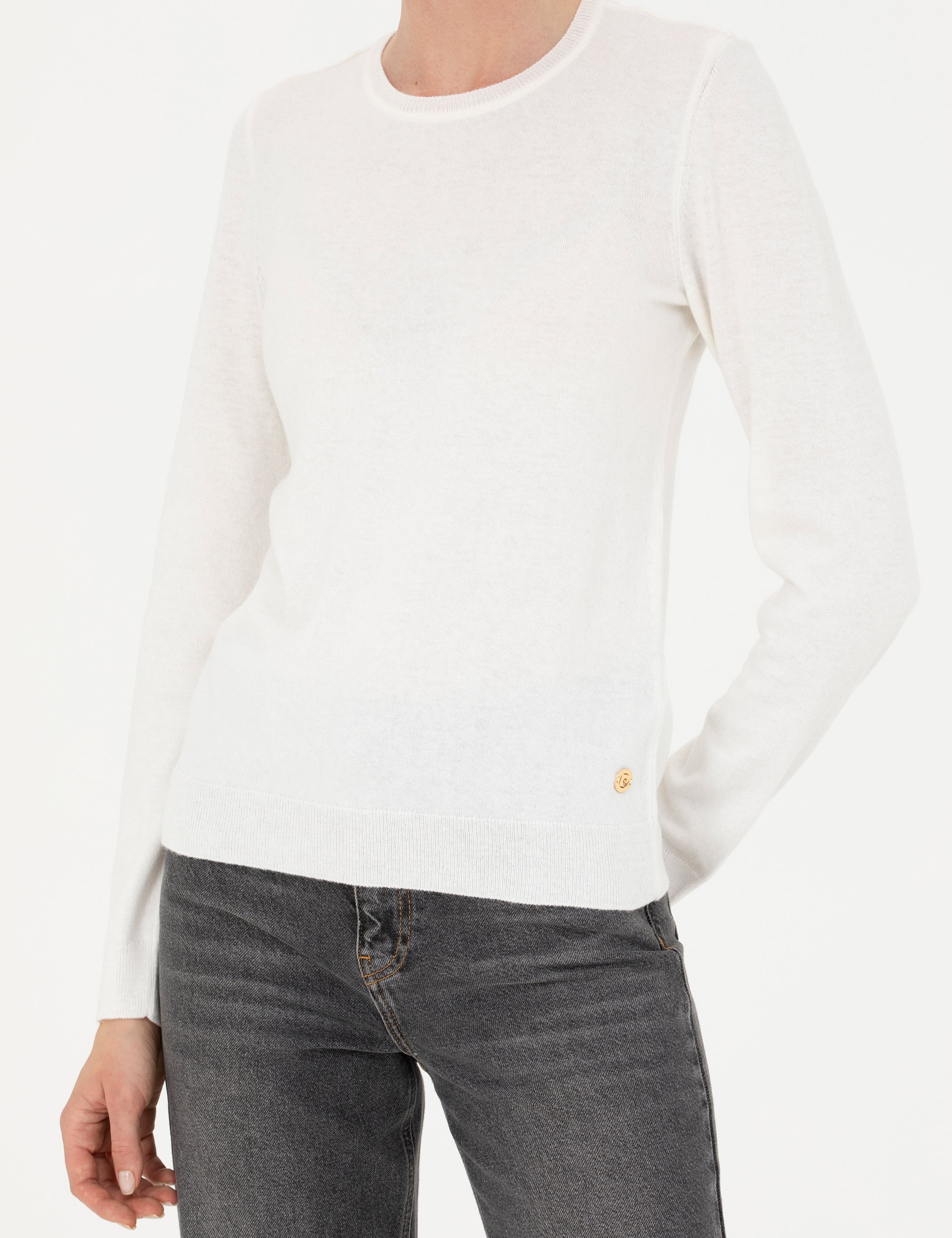 Krem Slim Fit Bisiklet Yaka Kazak