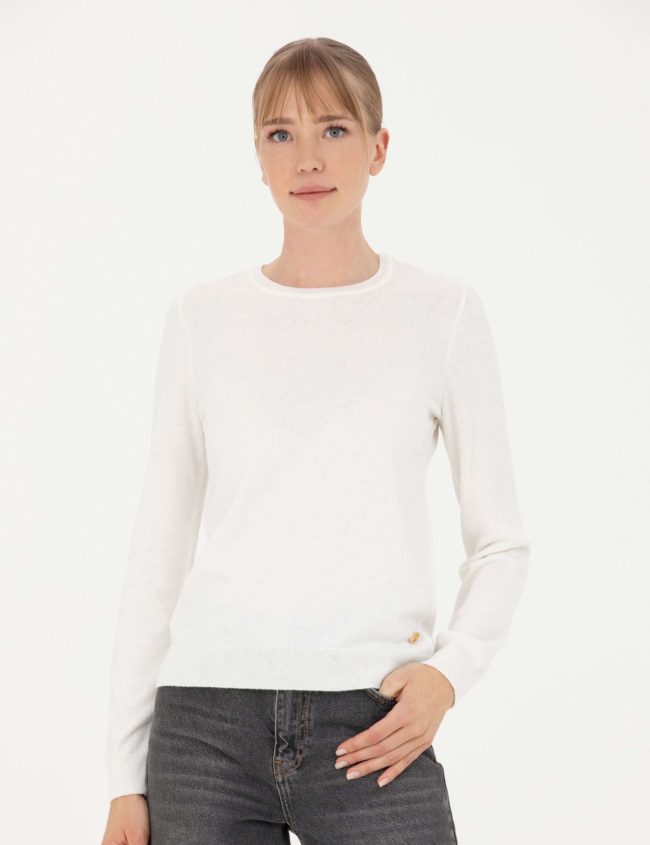 Krem Slim Fit Bisiklet Yaka Kazak - Image 3