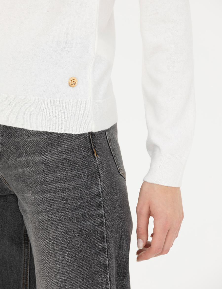 Krem Slim Fit Bisiklet Yaka Kazak