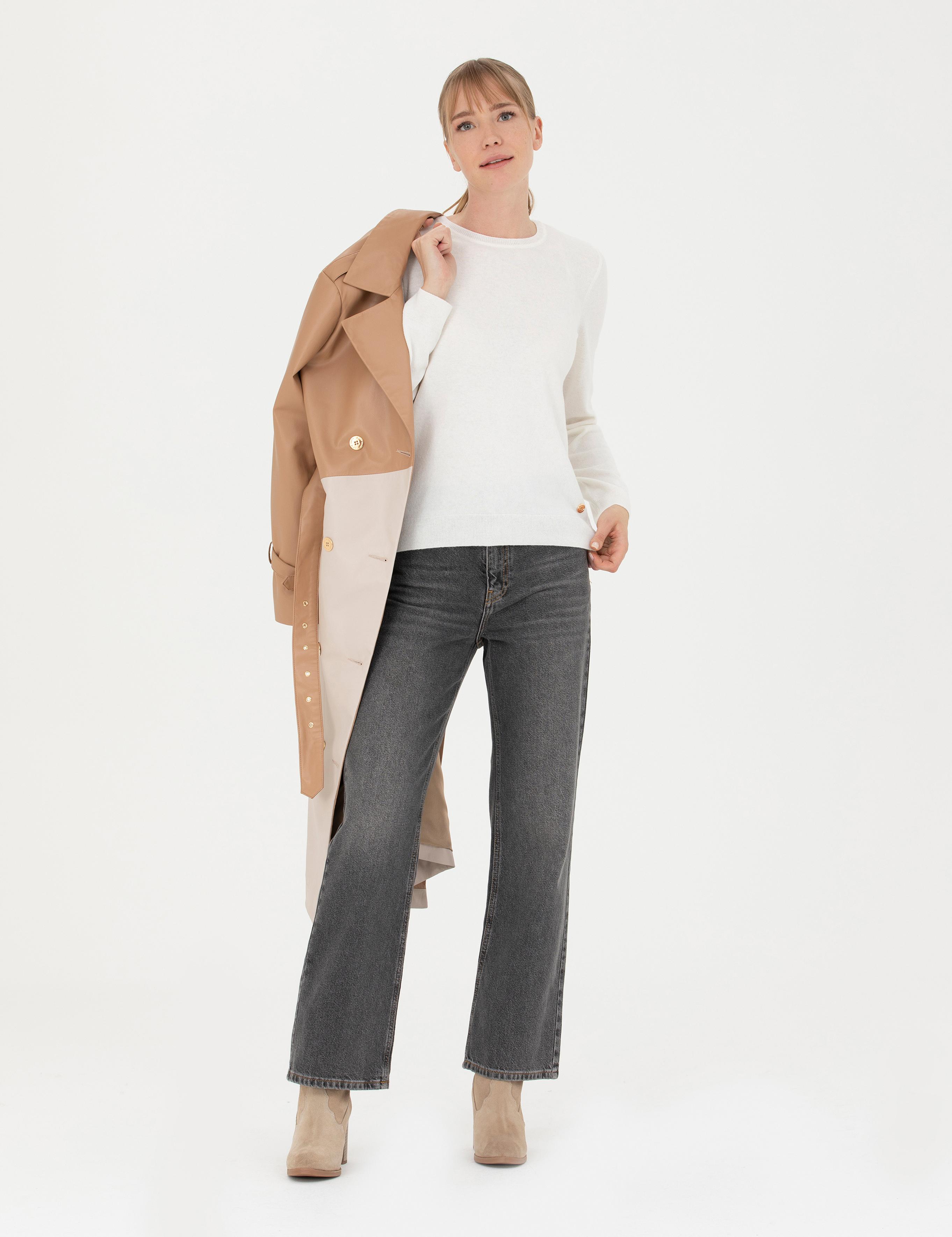 Krem Slim Fit Bisiklet Yaka Kazak