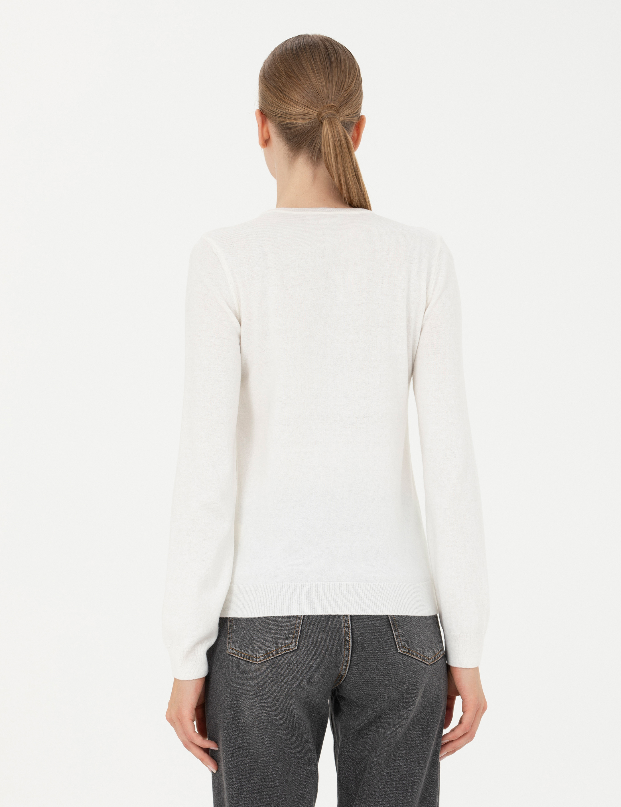 Krem Slim Fit Bisiklet Yaka Kazak - Image 5