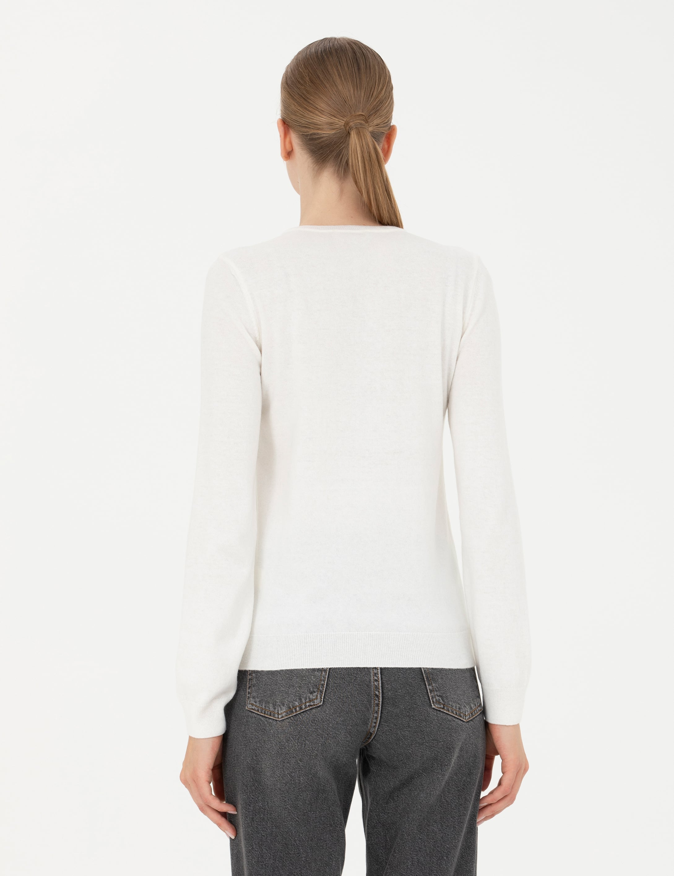 Krem Slim Fit Bisiklet Yaka Kazak