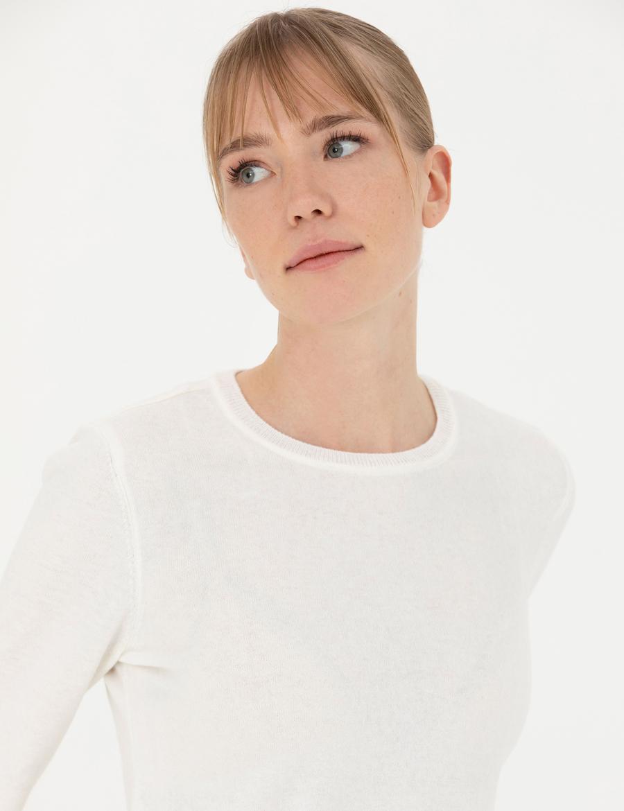 Krem Slim Fit Bisiklet Yaka Kazak