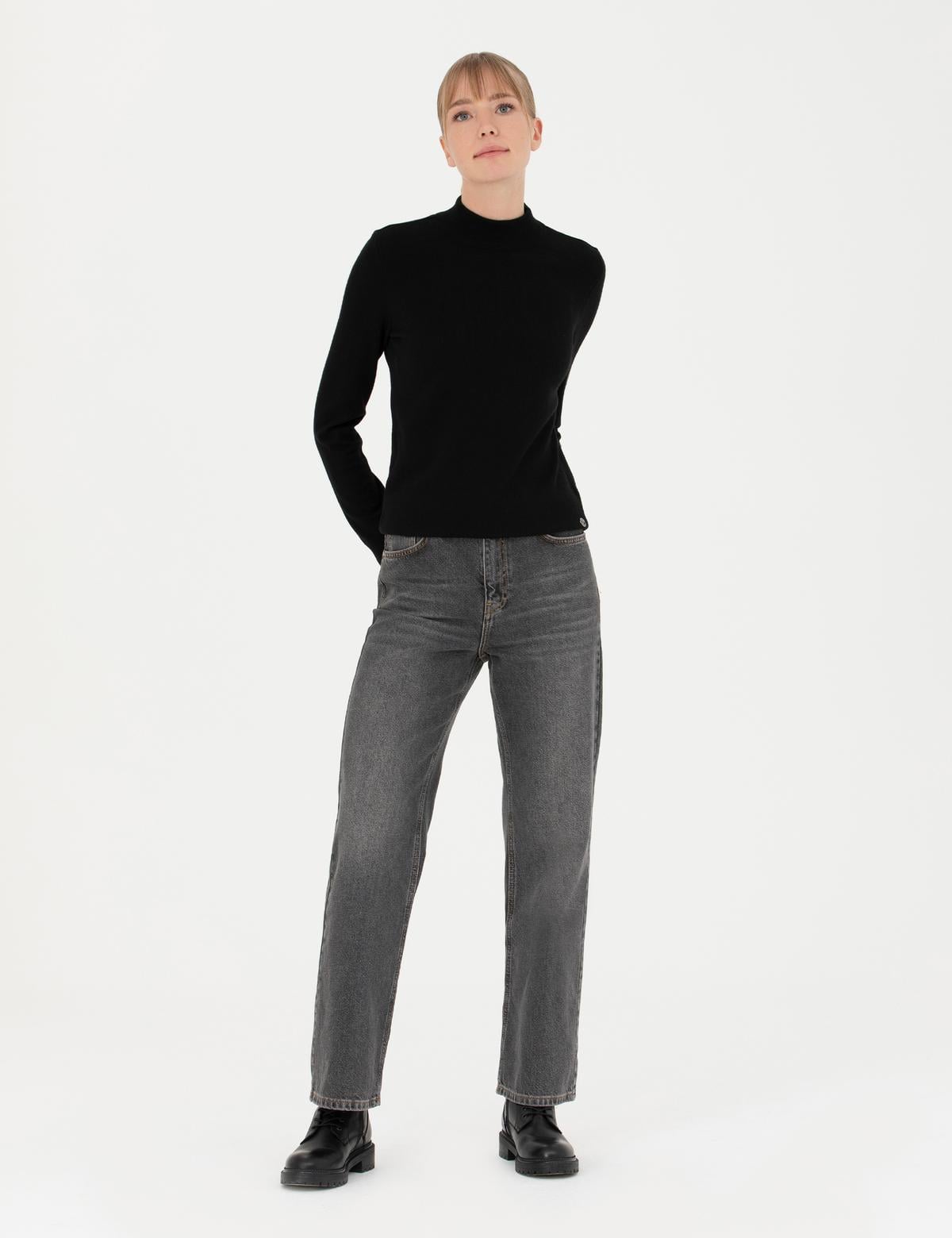 Siyah Slim Fit Yarım Balıkçı Yaka Kazak - 50280689011