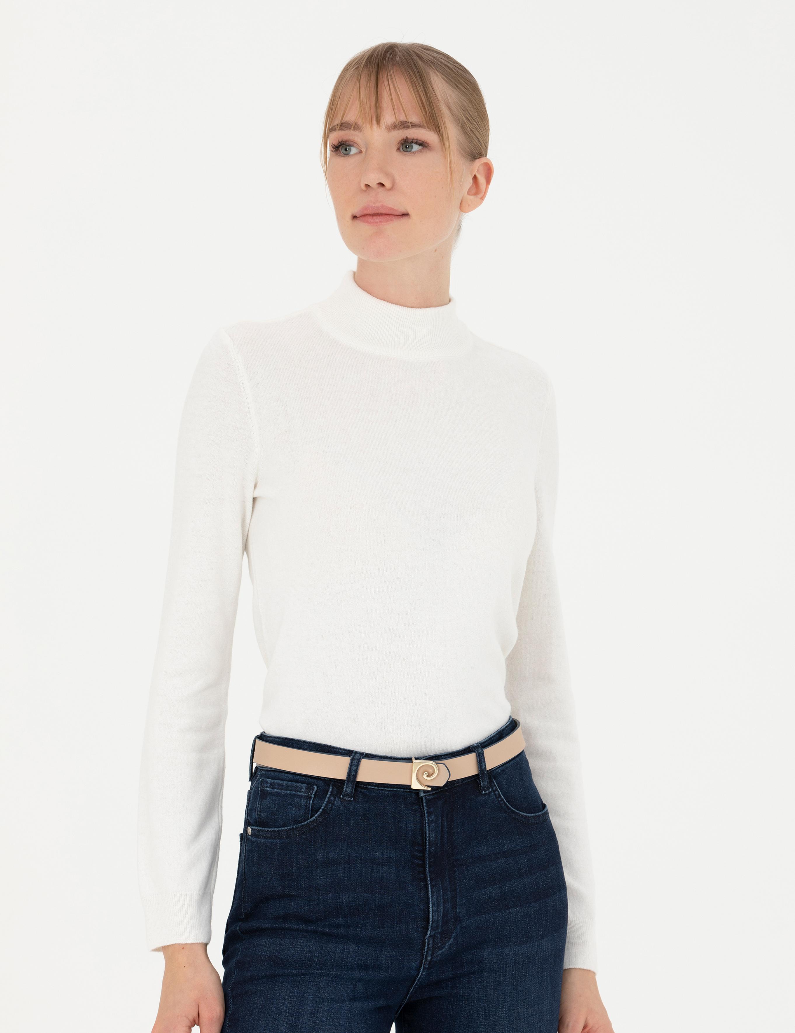 Krem Slim Fit Yarım Balıkçı Yaka Kazak