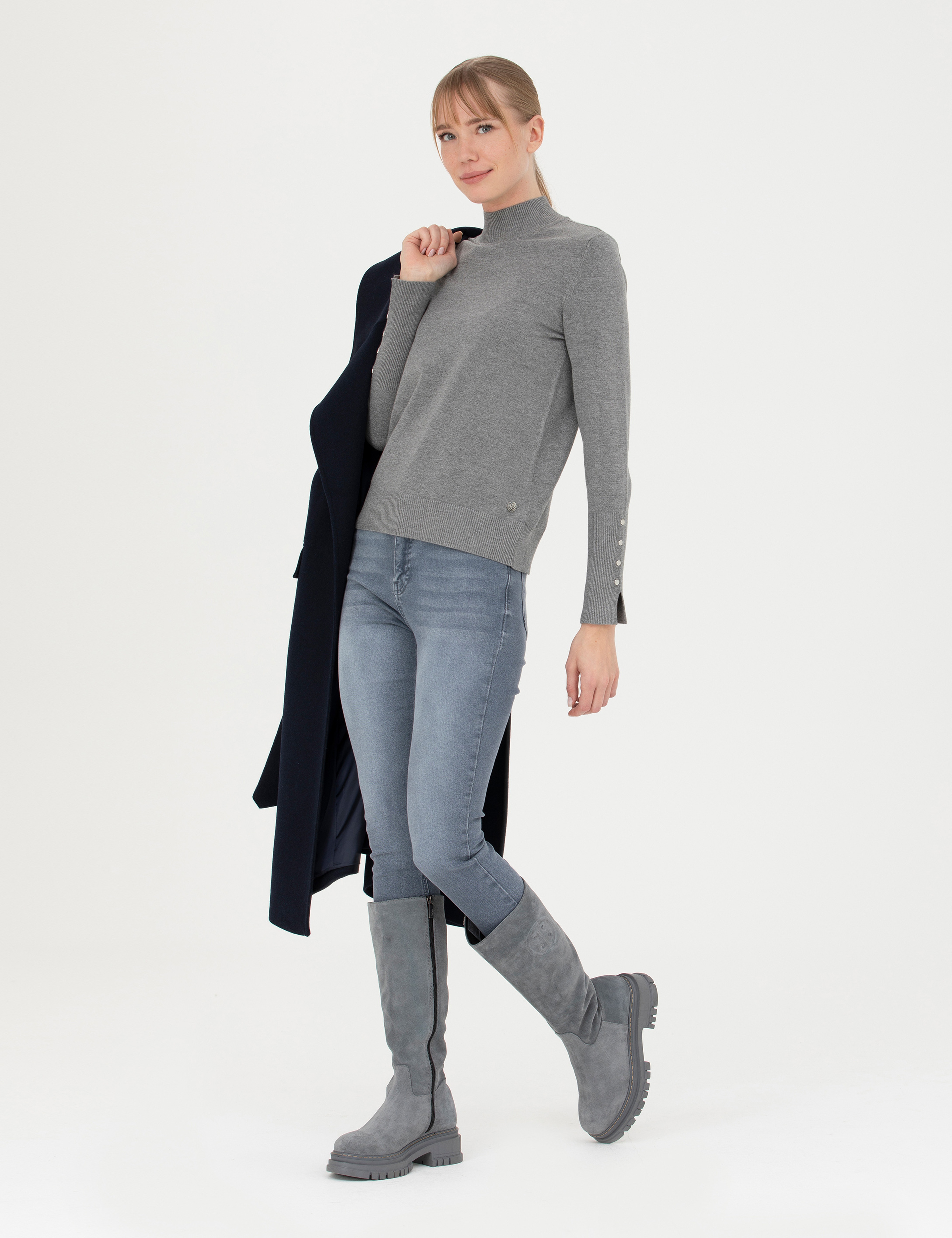 Gri Melanj Slim Fit Yarım Balıkçı Yaka Kazak