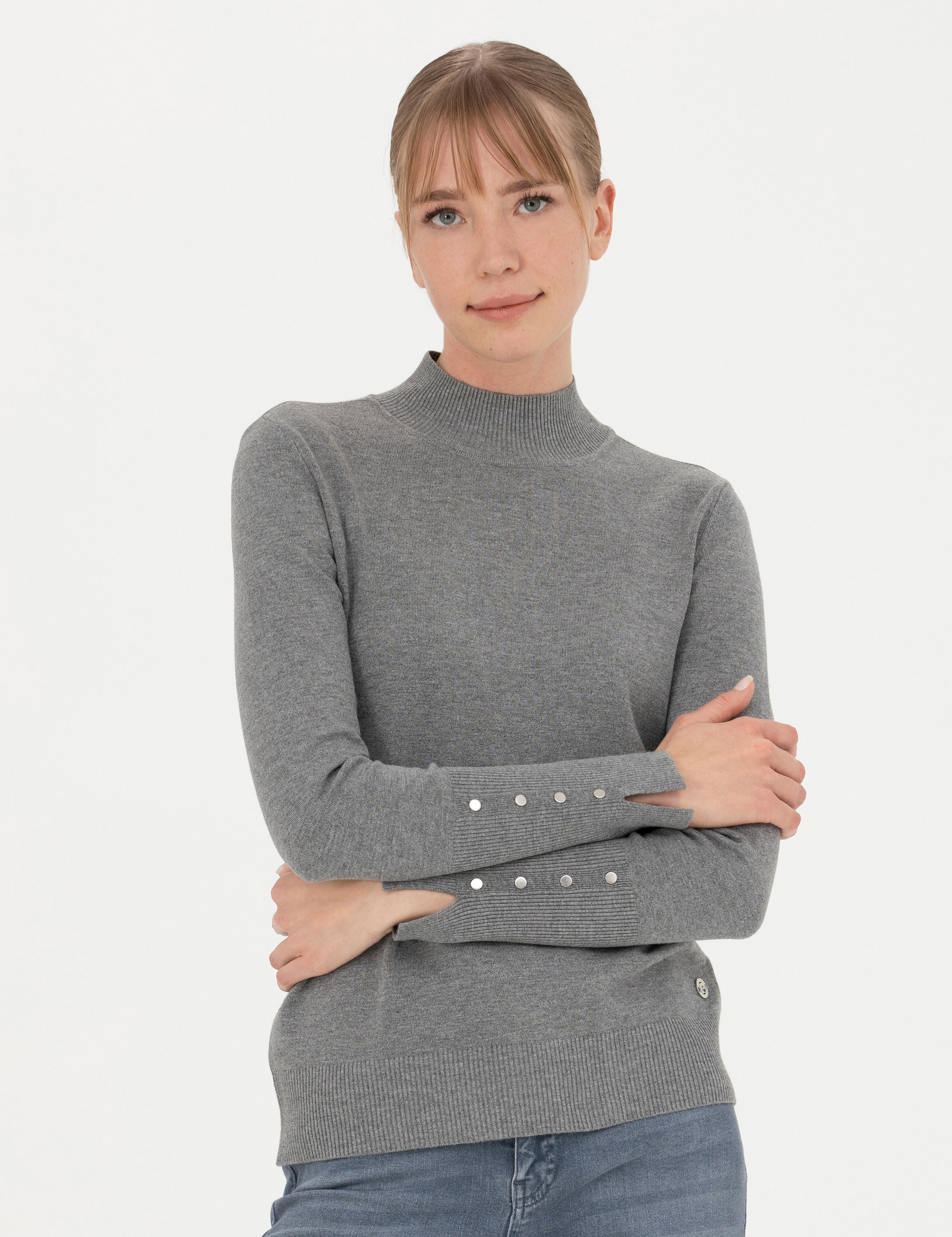 Gri Melanj Slim Fit Yarım Balıkçı Yaka Kazak - Image 1