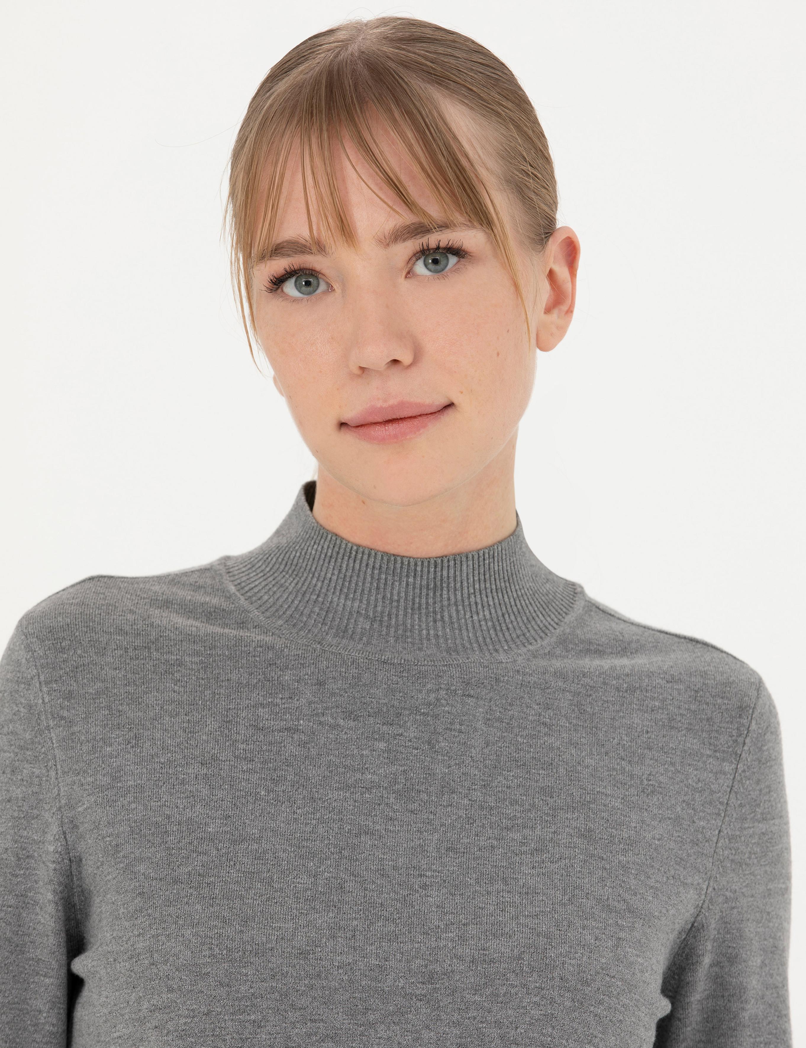 Gri Melanj Slim Fit Yarım Balıkçı Yaka Kazak