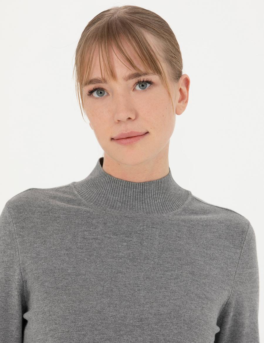 Gri Melanj Slim Fit Yarım Balıkçı Yaka Kazak